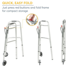 folding walker steel two button w 5 wheels case 4