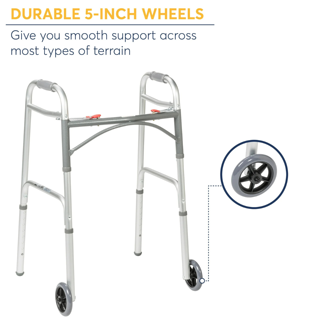 folding walker steel two button w 5 wheels case 4