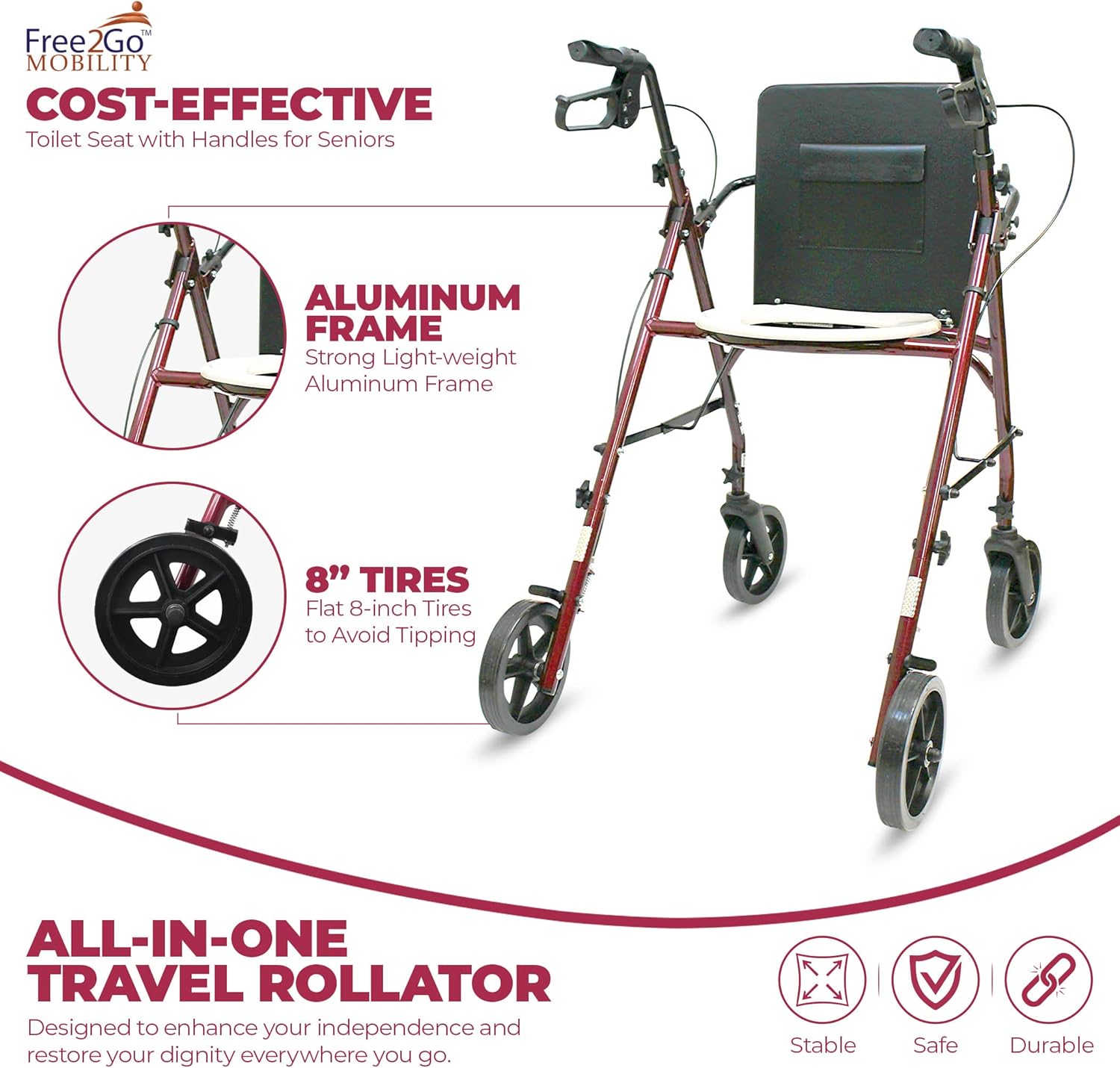 free2gotm rollator burgundy toilet seat walker frame