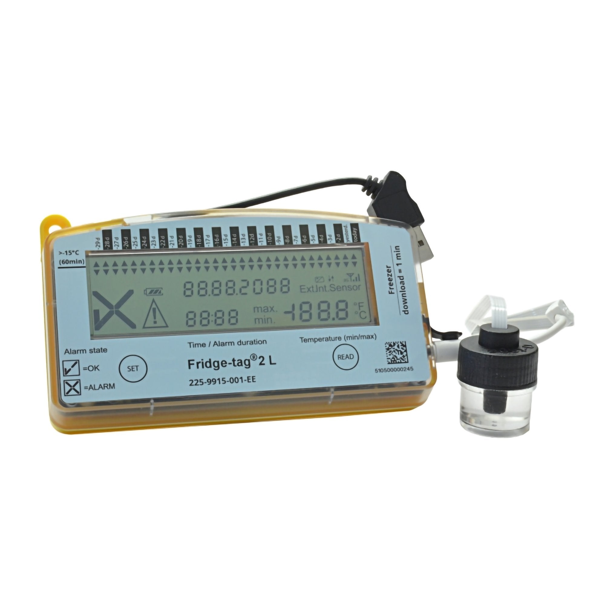 Freezer Vaccine Data Logger with Alarm Fridge tag 2L Fahrenheit / Celsius  22° to +131°F ( 30° to +55°C) Glycol Bottle Probe Battery Operated