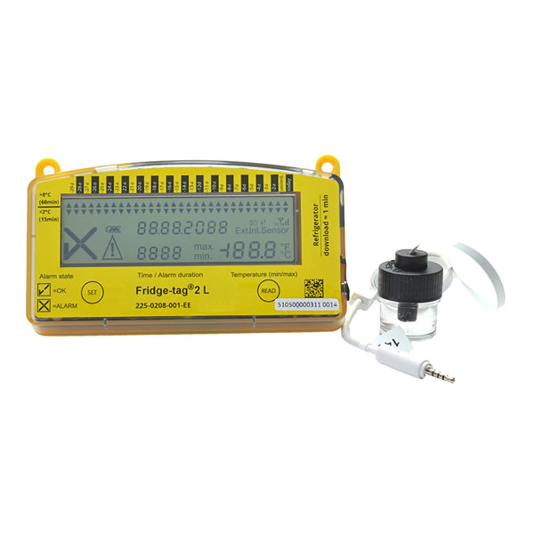 Refrigerator Vaccine Data Logger with Alarm Fridge tag 2L Fahrenheit / Celsius  22° to +131°F ( 30° to +55°C) Glycol Bottle Probe Battery Operated
