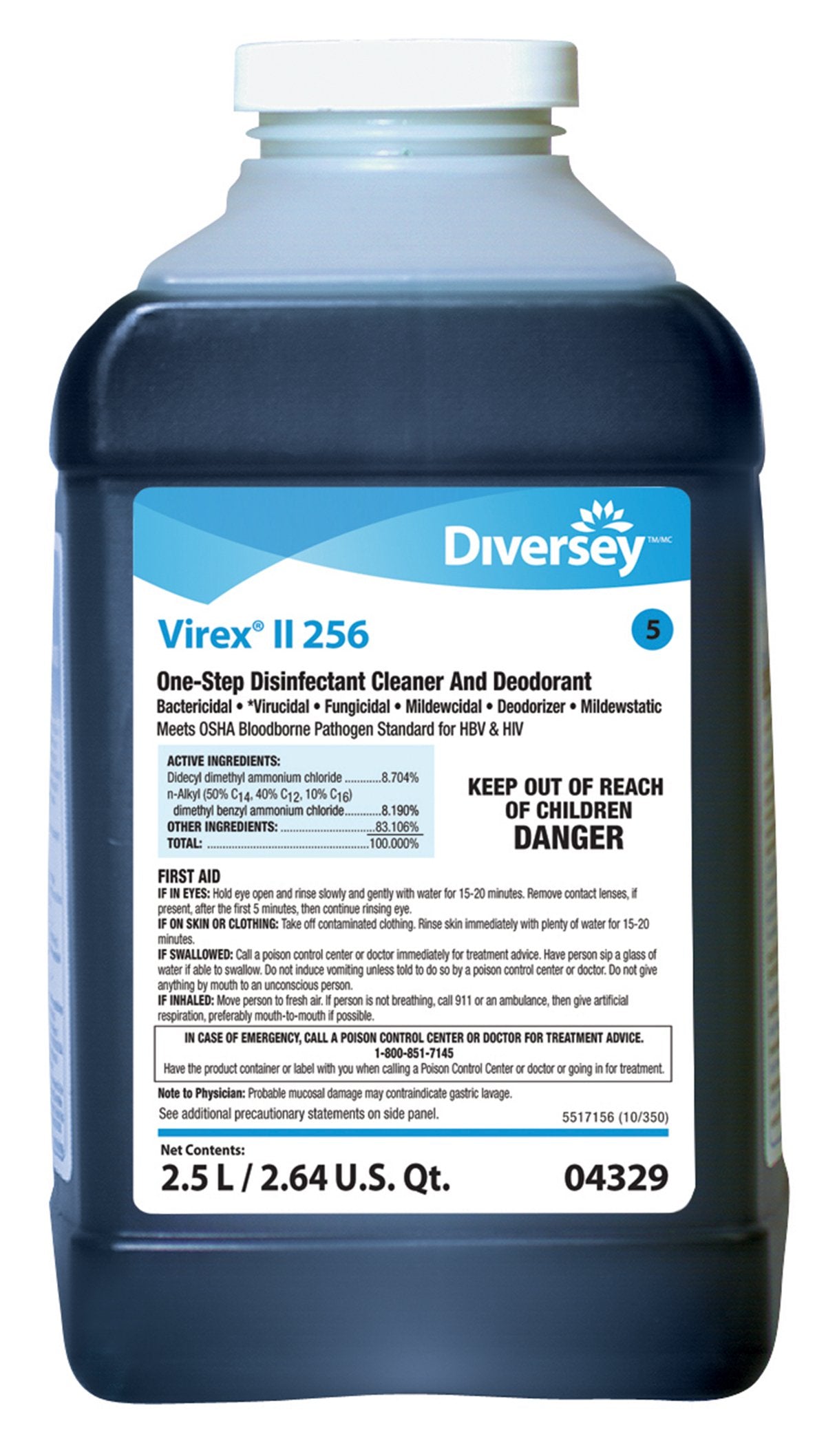 Diversey Virex II 256 Surface Disinfectant Cleaner Quaternary Based J-Fill Dispensing Systems Liquid Concentrate 2.5 Liter Bottle Mint Scent NonSterile, Packaging Type- Case