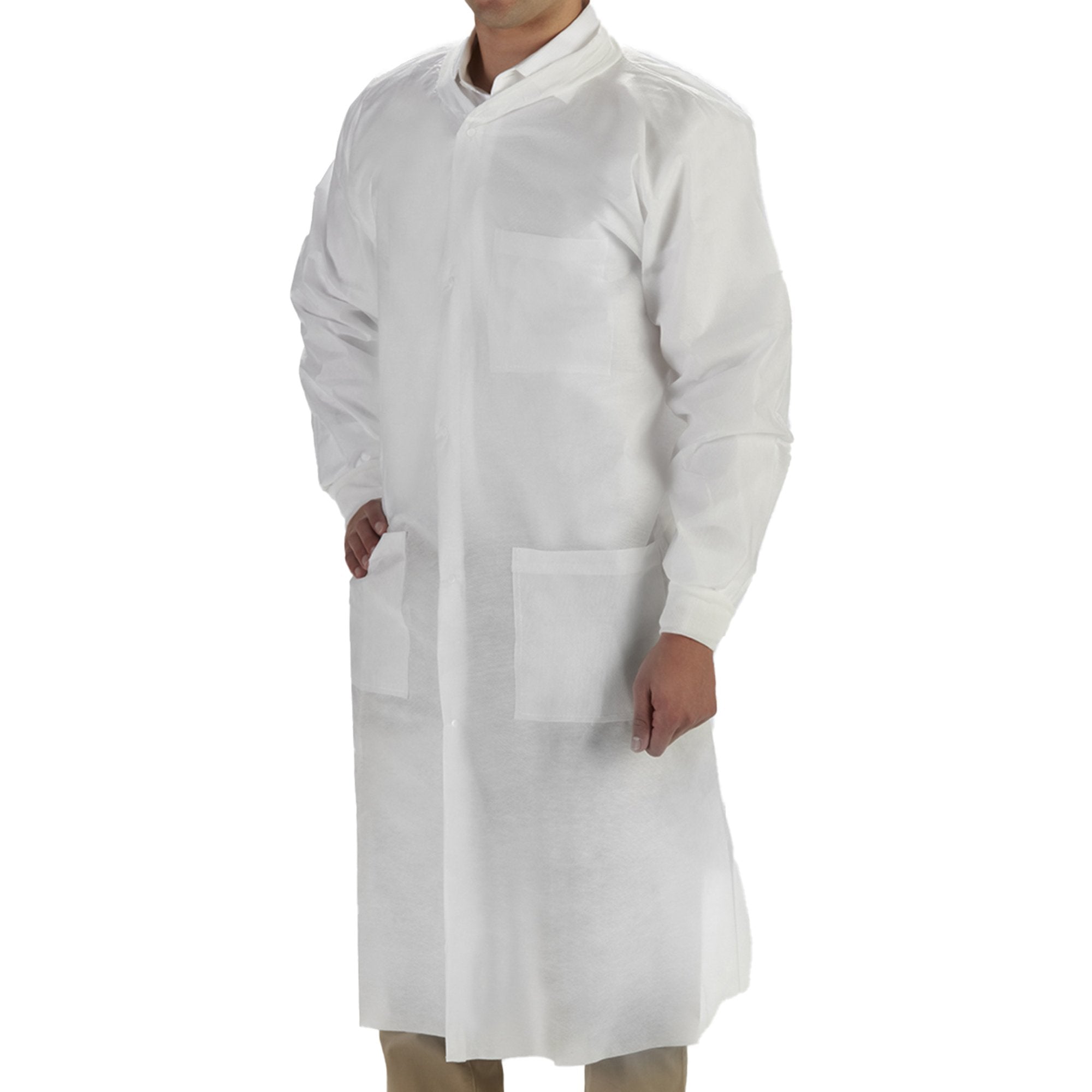 Lab Coat LabMates White Large Knee Length SMS Disposable, Packaging Type- Case