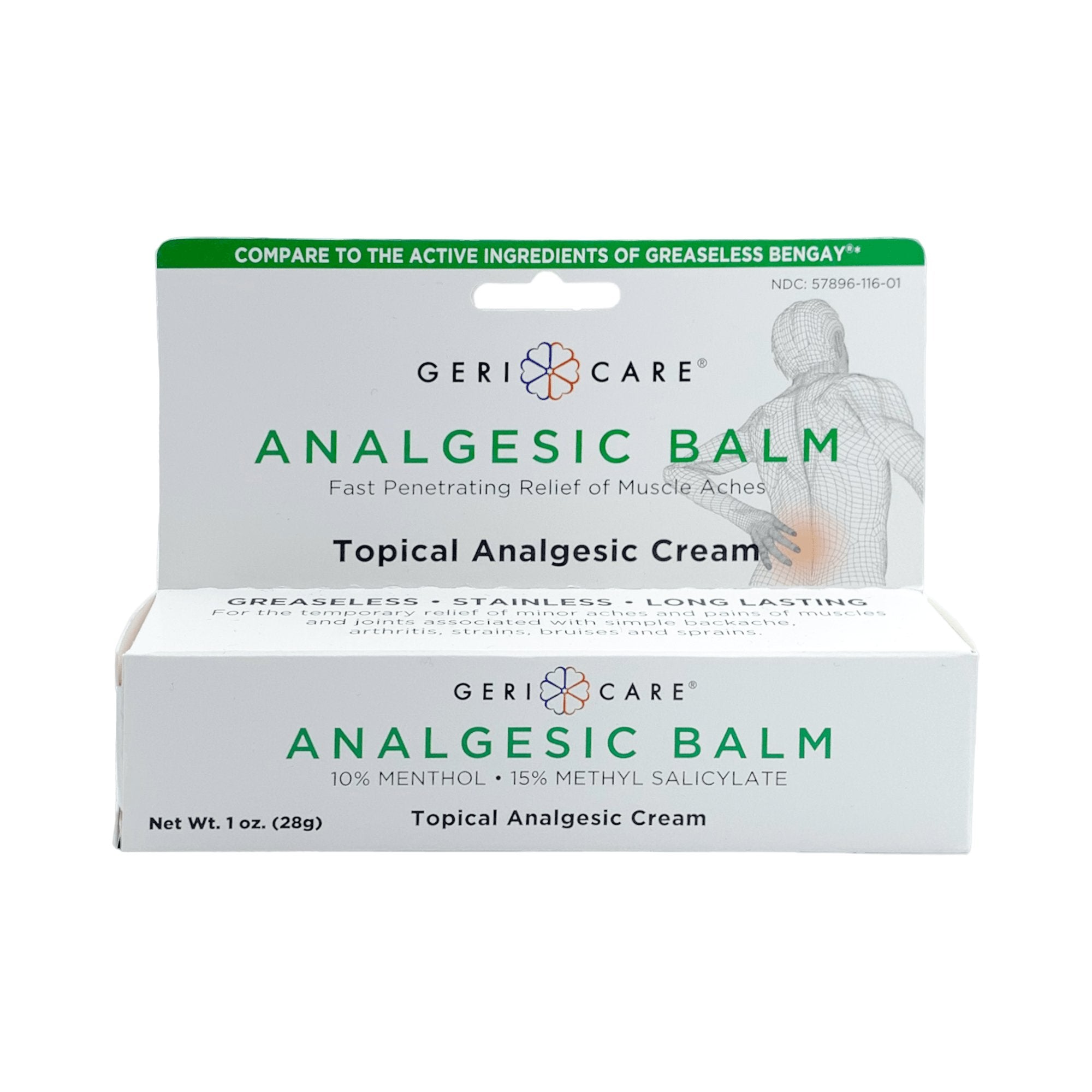 Topical Pain Relief Geri Care 10%   15% Strength Menthol / Methyl Salicylate Cream 1 oz.