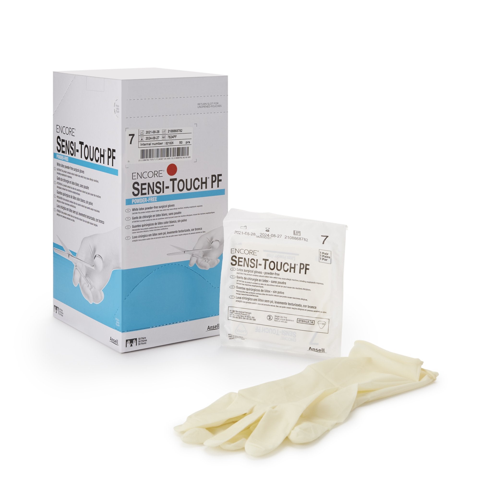 Surgical Glove ENCORE Sensi-Touch PF Size 7 Sterile Latex Standard Cuff Length Micro-Textured Natural Chemo Tested, Packaging Type- Box