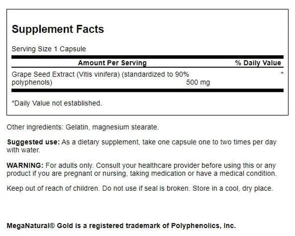 Grape Seed Extract (Standardized) 500 Mg 60 Capsules