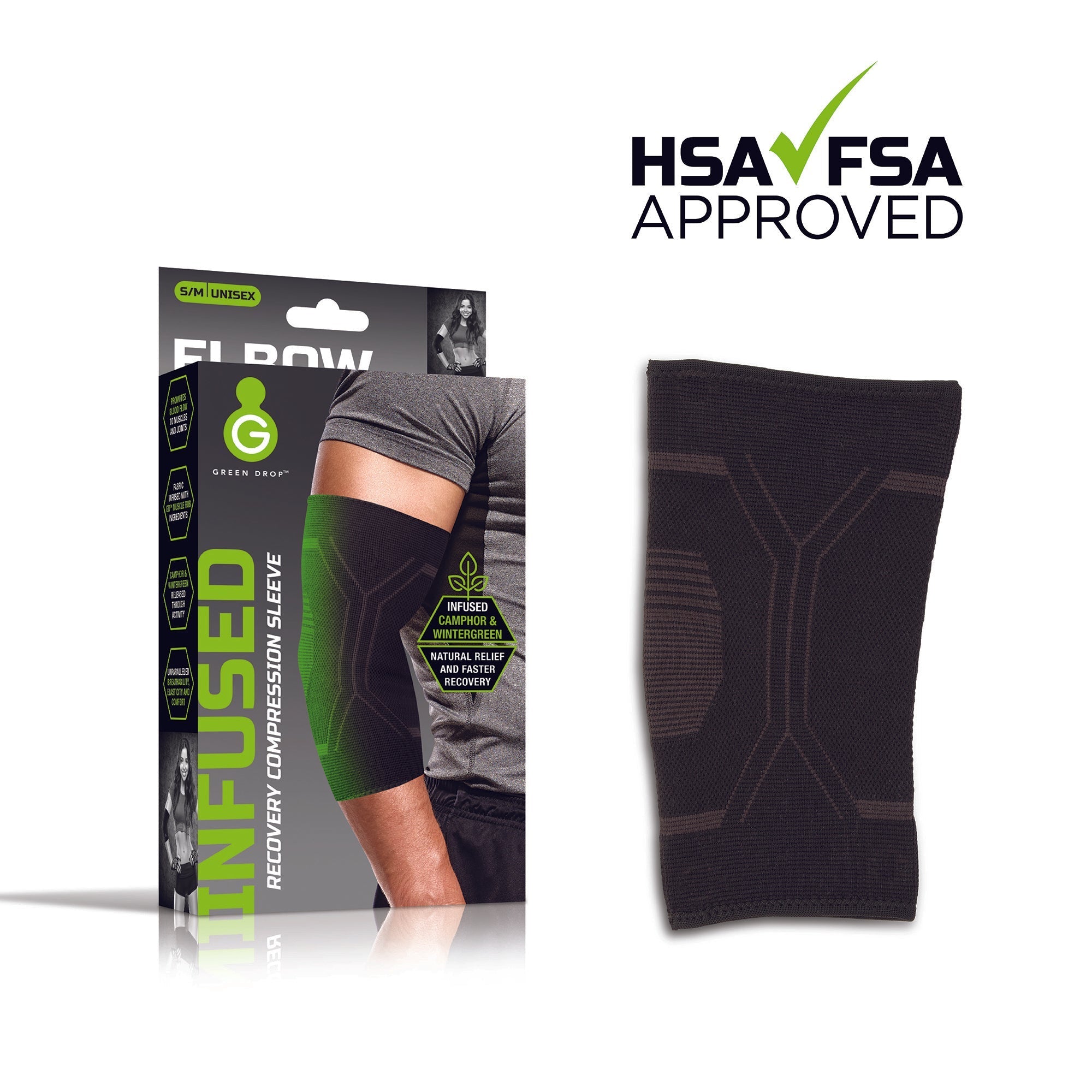 Elbow Support Green Drop Small / Medium Pull On Sleeve Left or Right Elbow 8 to 12 Inch Elbow Circumference Black