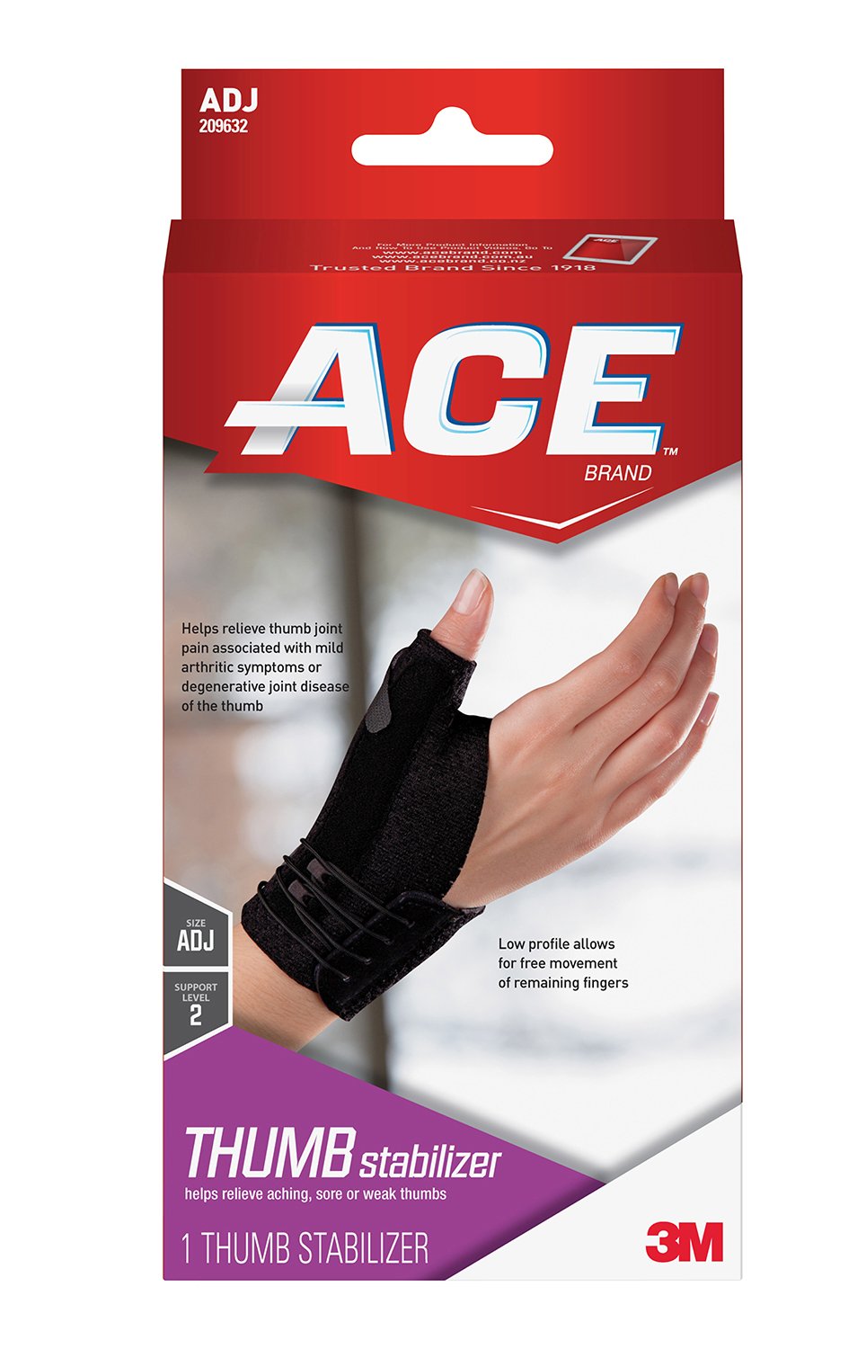 Thumb Stabilizer Ace Brand Deluxe Adult One Size Fits Most Lacing System Closure Right Hand Black