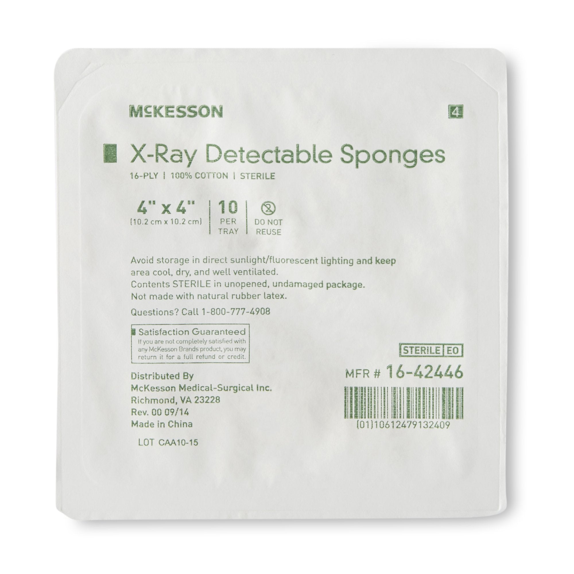 Gauze Sponge X-Ray Detectable McKesson 4 X 4 Inch 16-Ply Sterile X-Ray Detectable 10 per Tray, Packaging Type - Tray