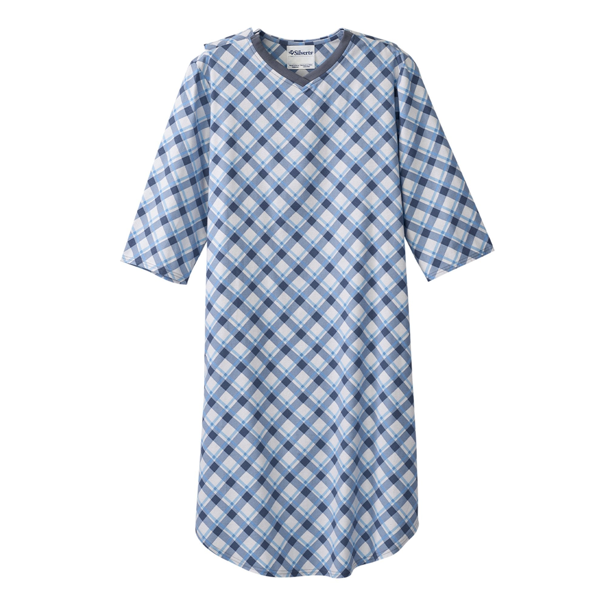 Patient Exam Gown Silverts® Small Diagonal Blue Plaid Reusable