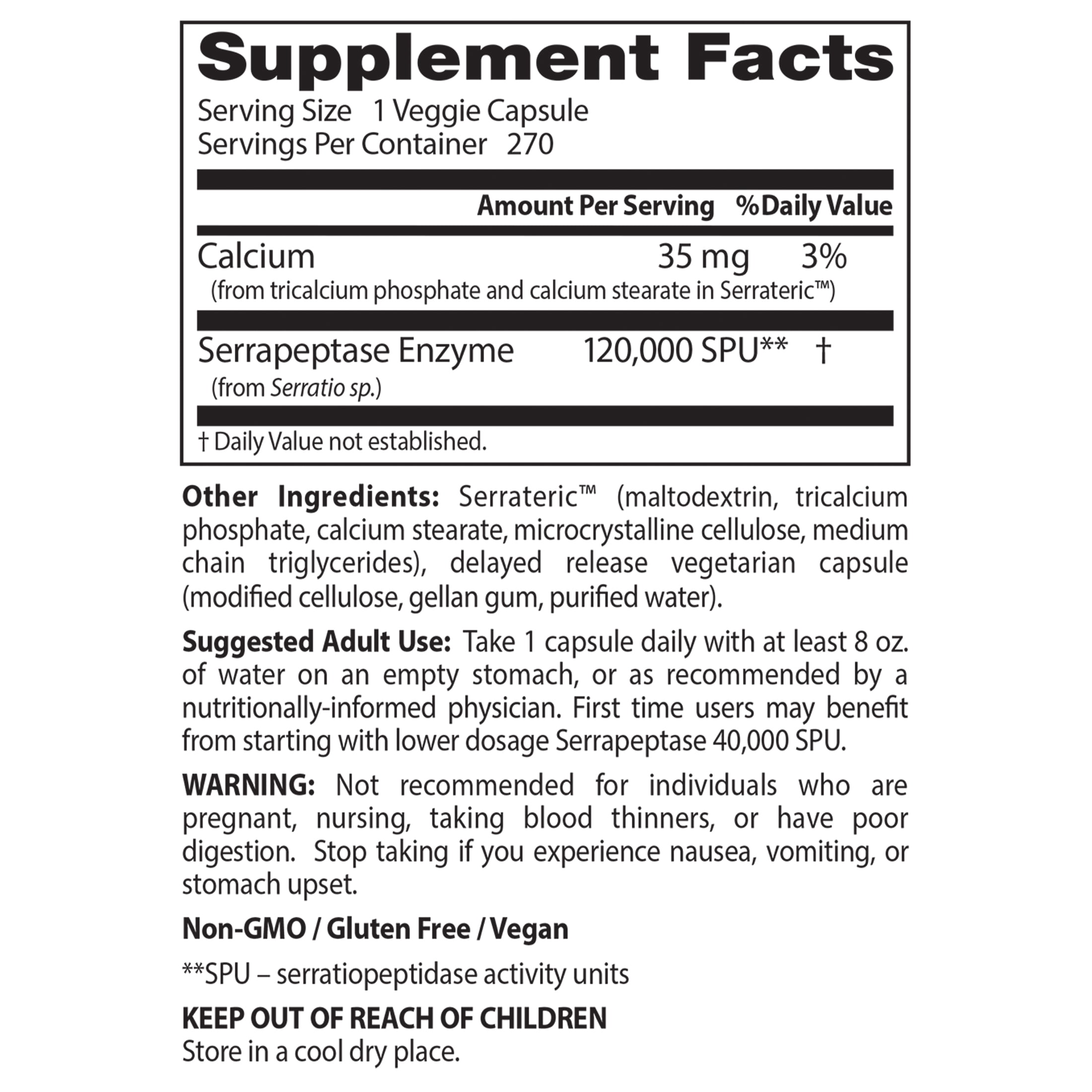 High Potency Serrapeptase, 120,000 SPU, 270 Veggie Caps