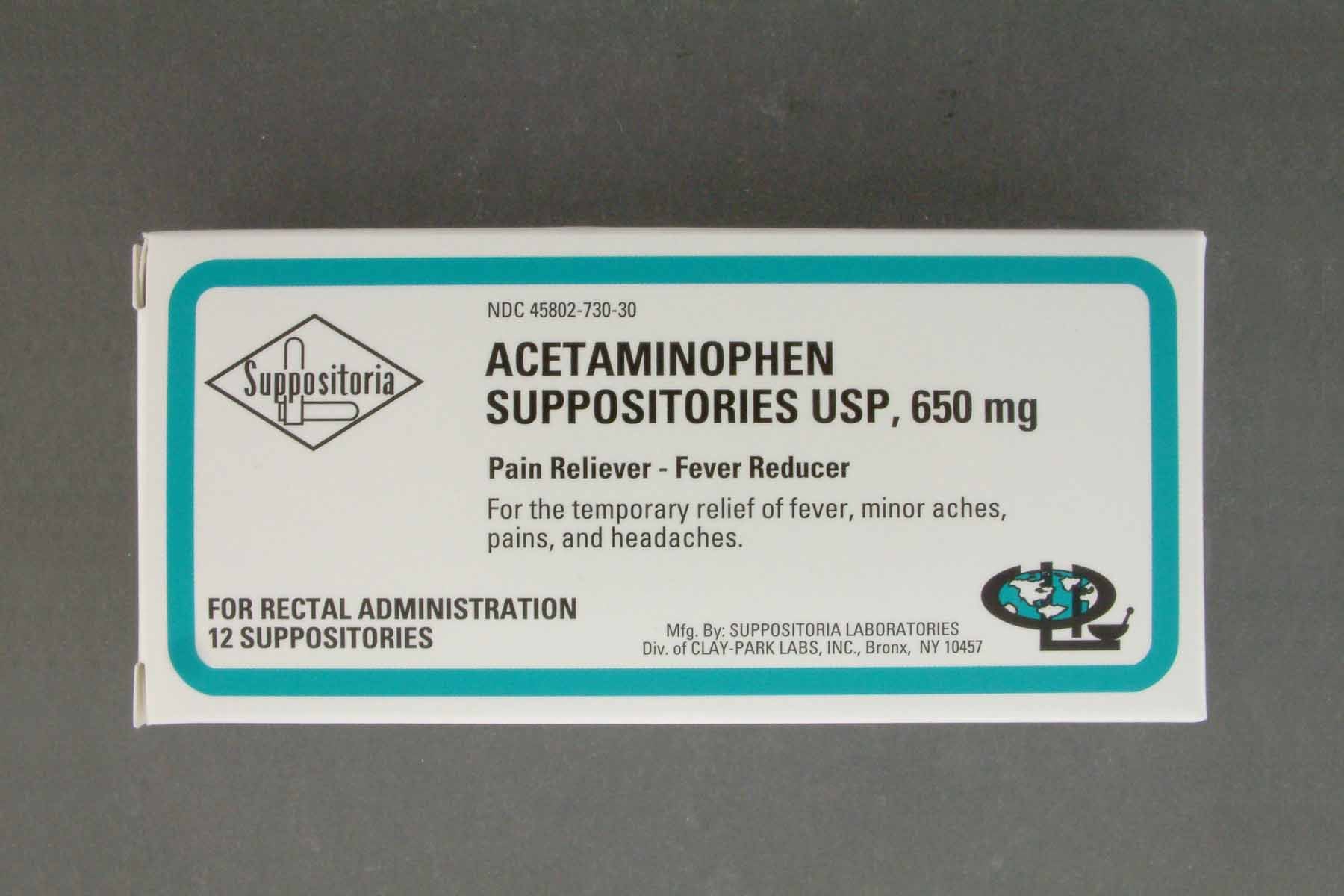 Pain Relief 650 mg Strength Acetaminophen Rectal Suppository 12 per Box, Packaging Type- Box