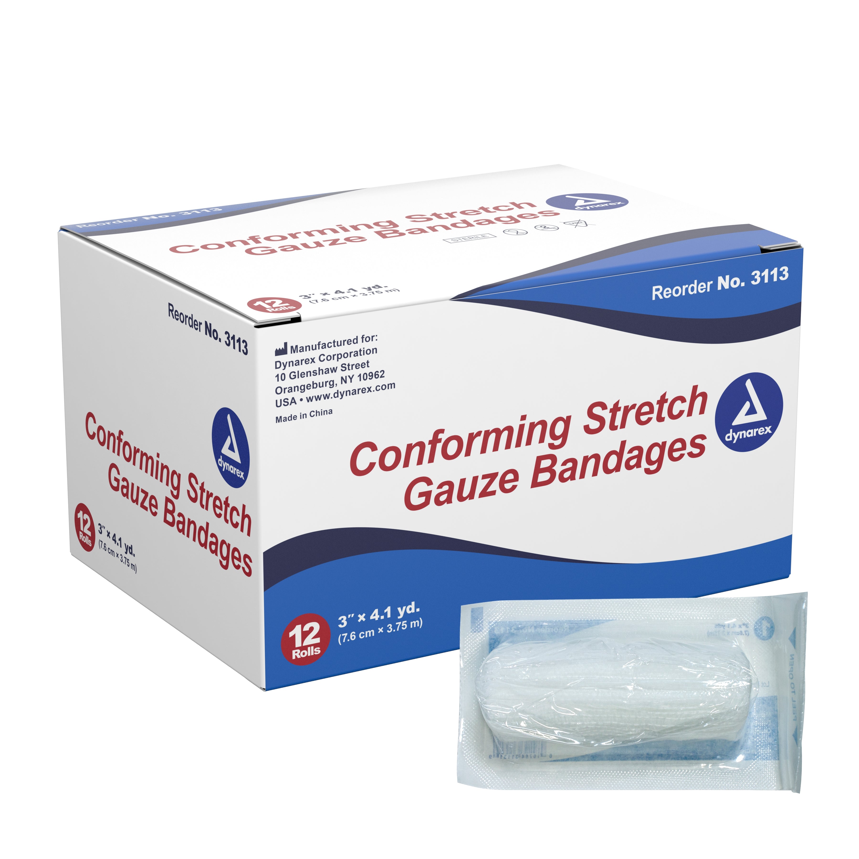 Conforming Bandage Dynarex 3 Inch X 4-1/10 Yard 1-Ply Sterile 1 per Pouch, Packaging Type- Case