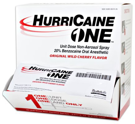 Oral Pain Relief HurriCaine 20% Strength Benzocaine Unit Dose Spray 0.5 mL, Packaging Type- Box