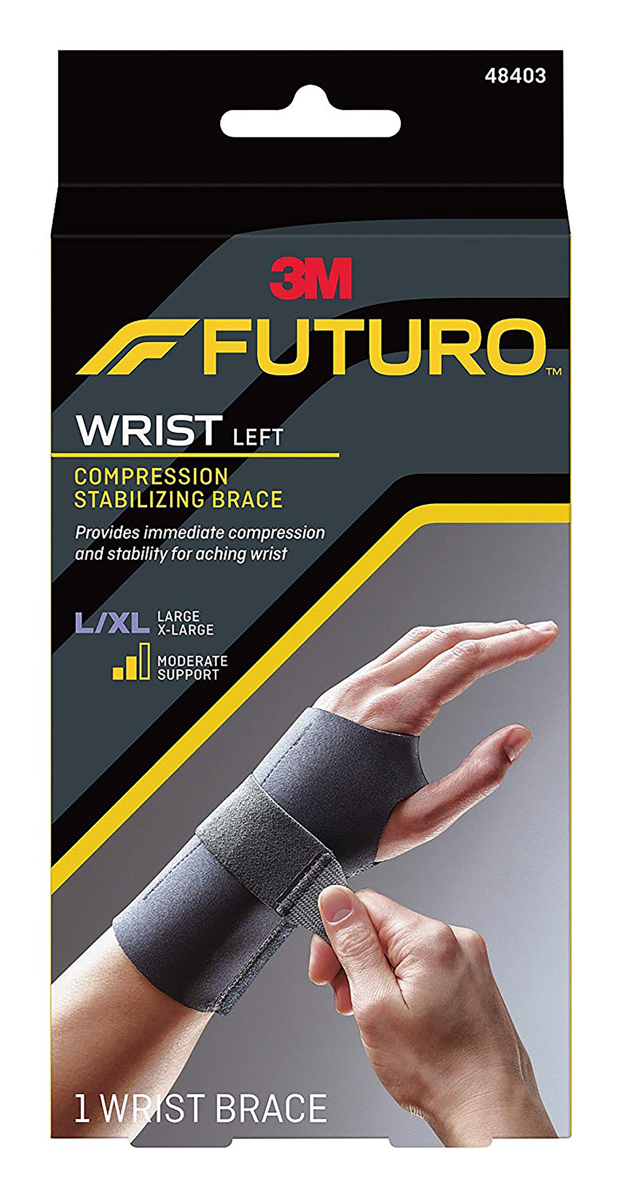 Wrist Brace Futuro Compression Stabilizing Low Profile Aluminum / Nylon / Polyester / Polyethylene / Spandex / Silicone Left Hand Black Large / X-Large