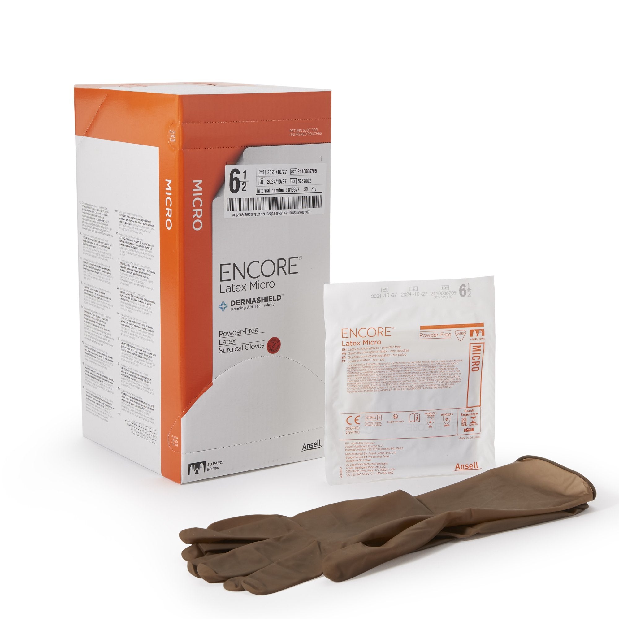 Surgical Glove ENCORE Latex Micro Size 6.5 Sterile Latex Standard Cuff Length Micro-Textured Brown Chemo Tested, Packaging Type- Box