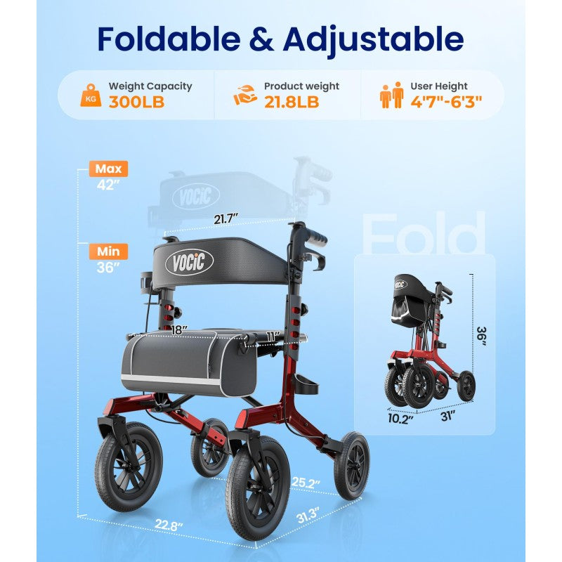 VOCIC Z57 All-Terrain Outdoor Rollator– Durable All-Terrain Mobility Aid with Comfortable Seat & Adjustable Handles