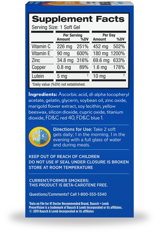 Multivitamin Supplement PreserVision Ascorbic Acid / Vitamin E / Zinc 200 IU - 226 mg - 34.8 mg Strength Softgel 120 per Bottle, Packaging Type- Box