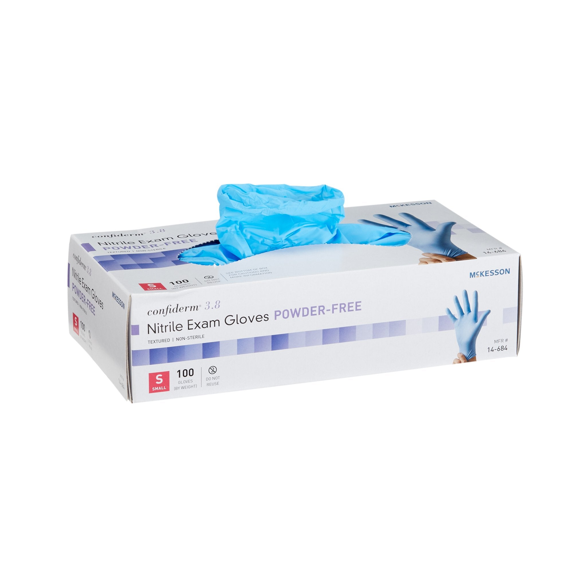 Exam Glove McKesson Confiderm 3.8 Small NonSterile Nitrile Standard Cuff Length Textured Fingertips Blue Not Rated, Packaging Type- Case