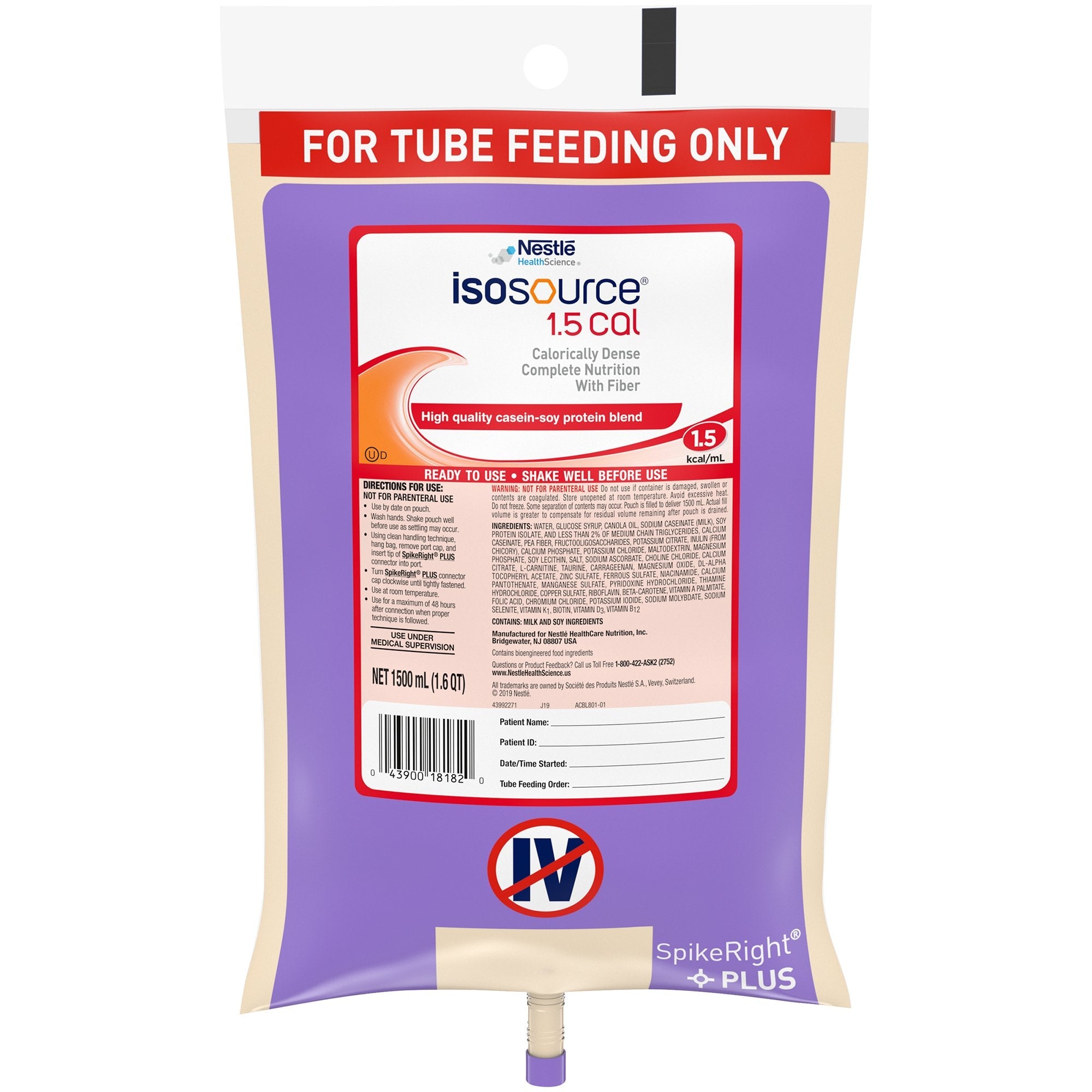 Tube Feeding Formula Isosource 1.5 Cal Unflavored Liquid 1500 mL Ready to Hang Prefilled Container