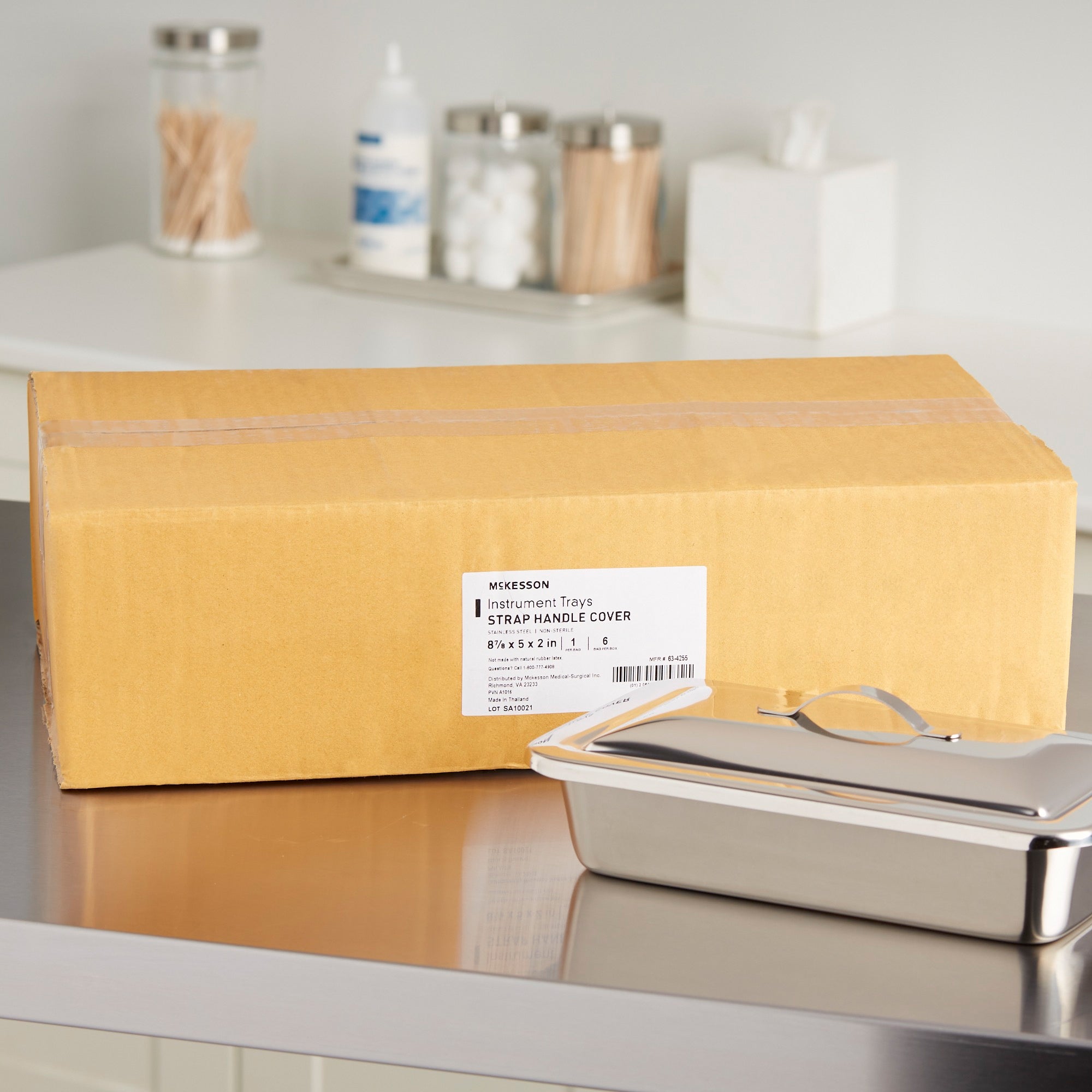 instrument tray mckesson strap handle stainless steel 8 7 8 x 5 x 2 inch packaging type box