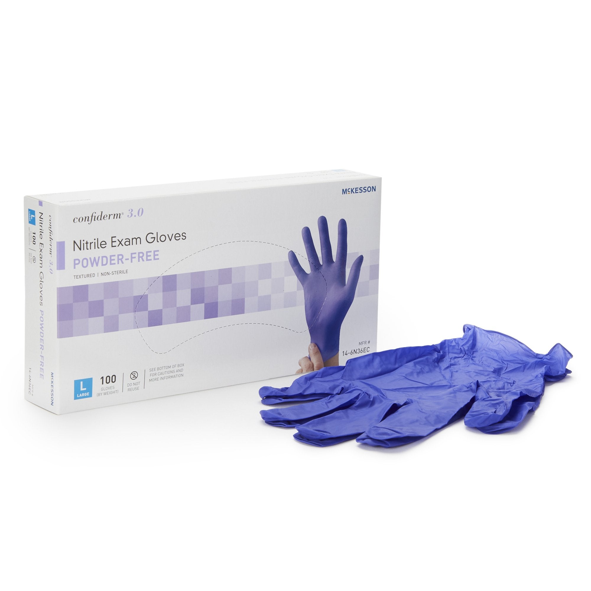 Exam Glove McKesson Confiderm 3.0 Large NonSterile Nitrile Standard Cuff Length Textured Fingertips Blue Not Rated, Packaging Type - Box