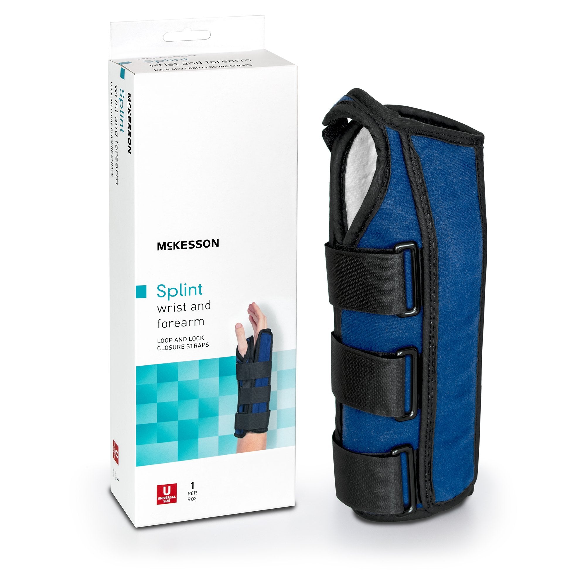 Wrist / Forearm Brace McKesson Aluminum / Nylon / Foam / Flannelette Left Hand Black / Blue One Size Fits Most, Packaging Type- Each