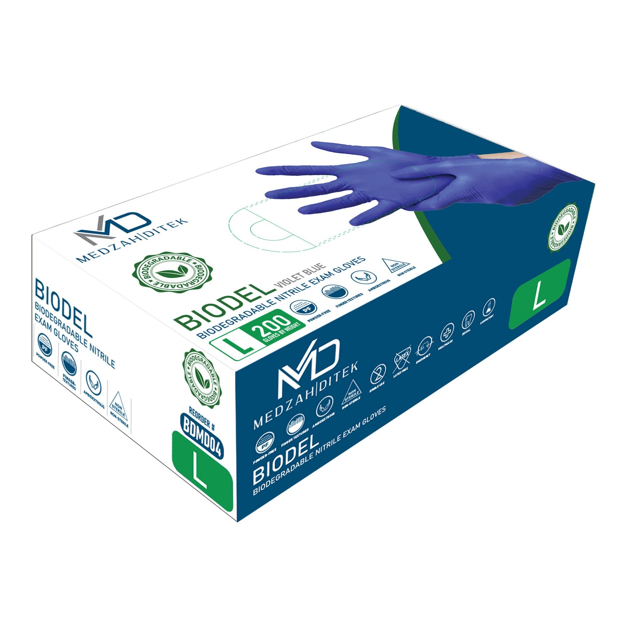 Exam Glove BIODEL Large NonSterile Nitrile Standard Cuff Length Textured Fingertips Violet Blue Chemo Tested / Fentanyl Tested