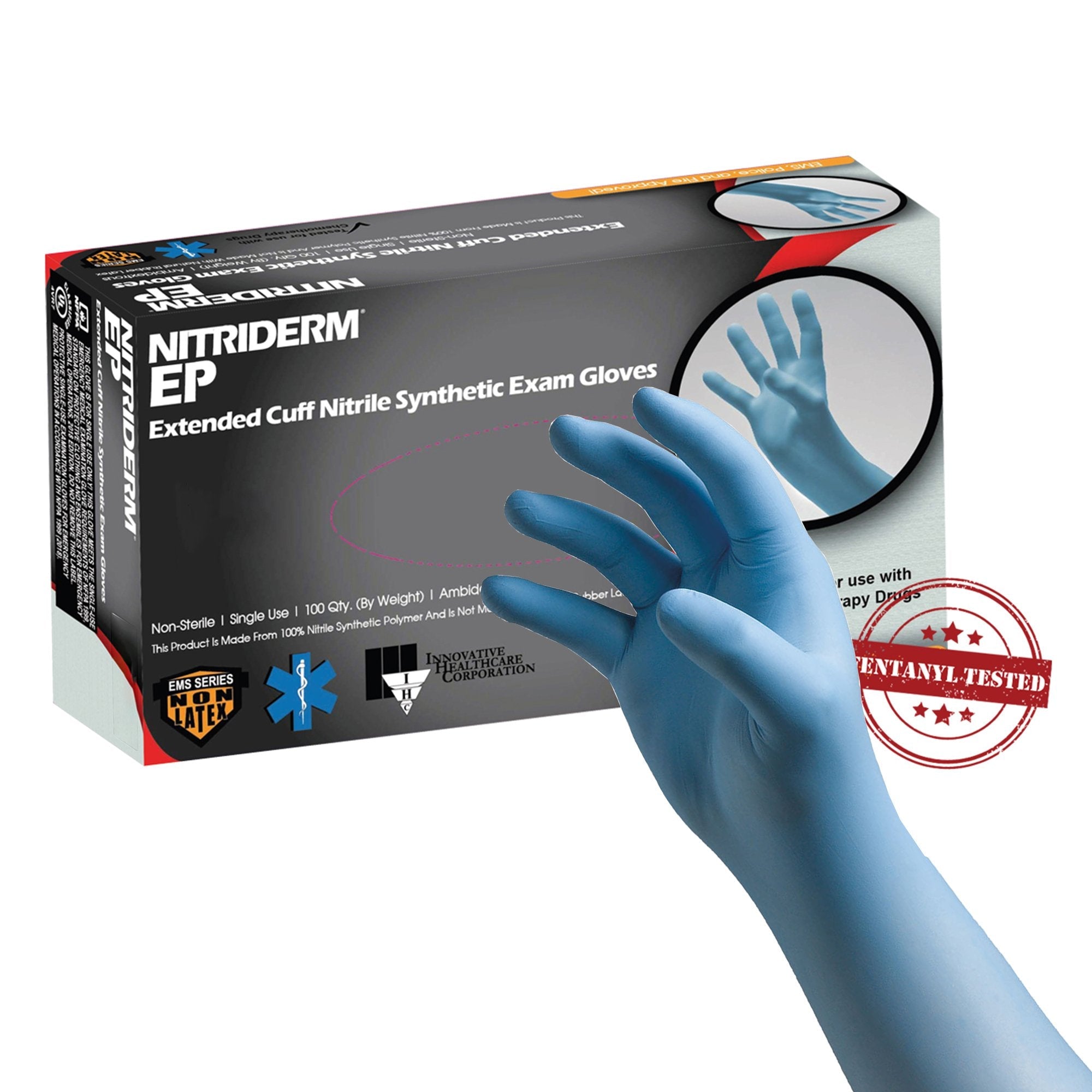 Exam Glove NitriDerm EP Large NonSterile Nitrile Extended Cuff Length Fully Textured Blue Chemo Tested / Fentanyl Tested