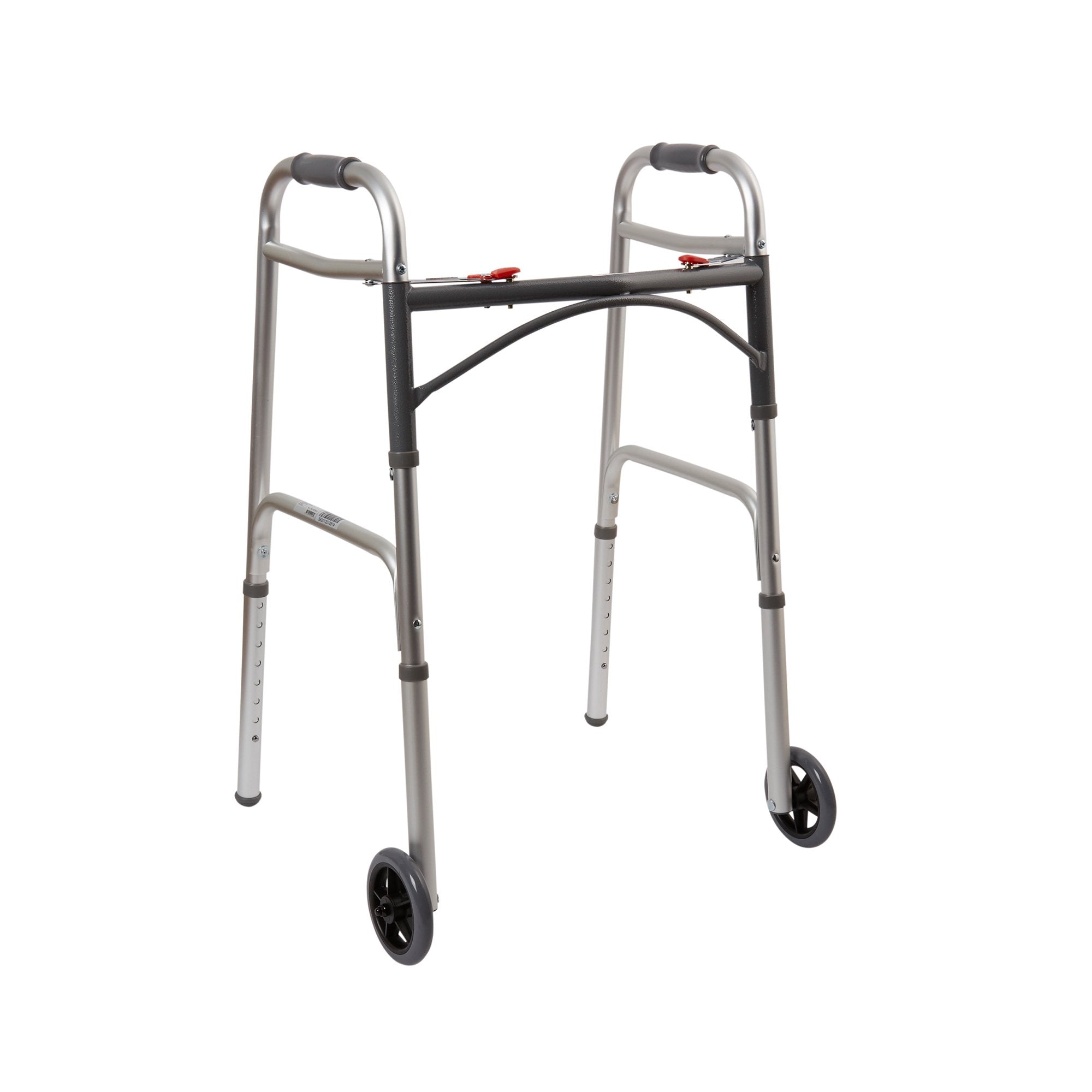 Dual Release Folding Walker with Wheels Adjustable Height McKesson Aluminum Frame 350 lbs. Weight Capacity 32 to 39 Inch Height, Packaging Type- Case