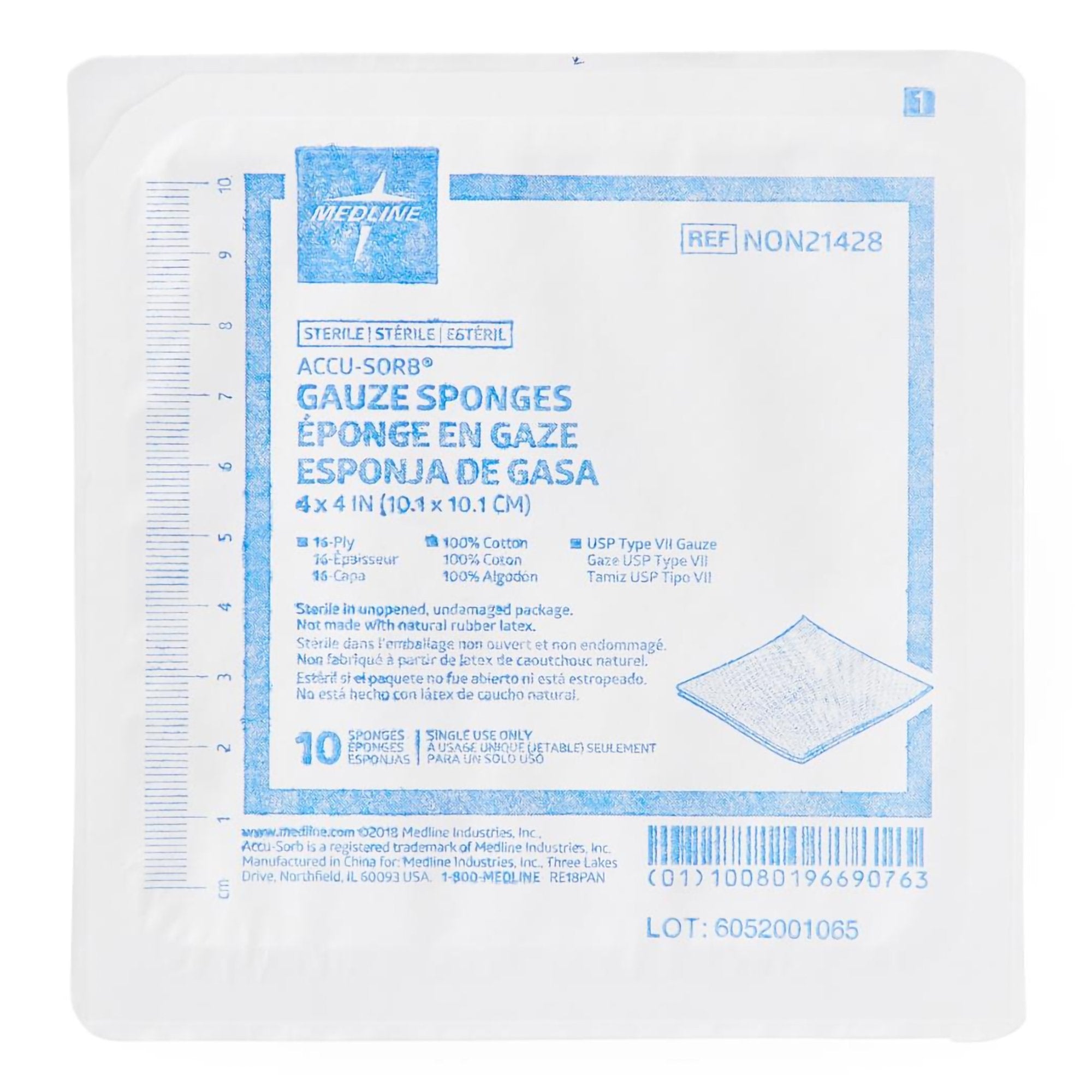 Gauze Sponge Medline 4 X 4 Inch 16-Ply Sterile 10 per Tray, Packaging Type- Case