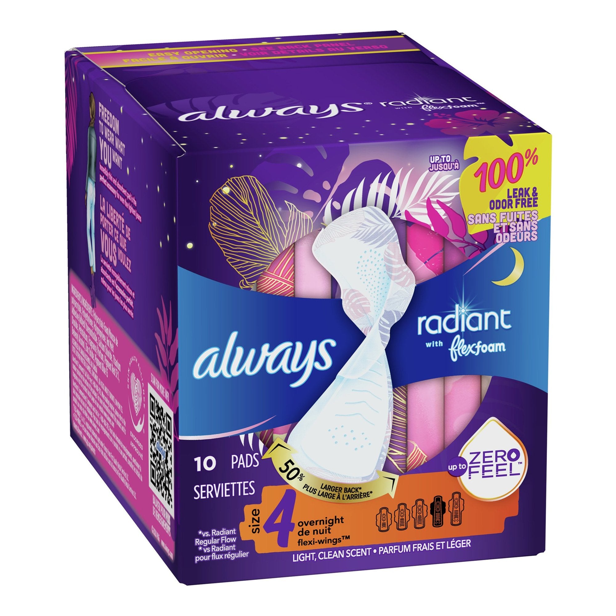 Feminine Pad Always Radiant with FlexFoam Overnight / With Wings Heavy Absorbency, Packaging Type- Box