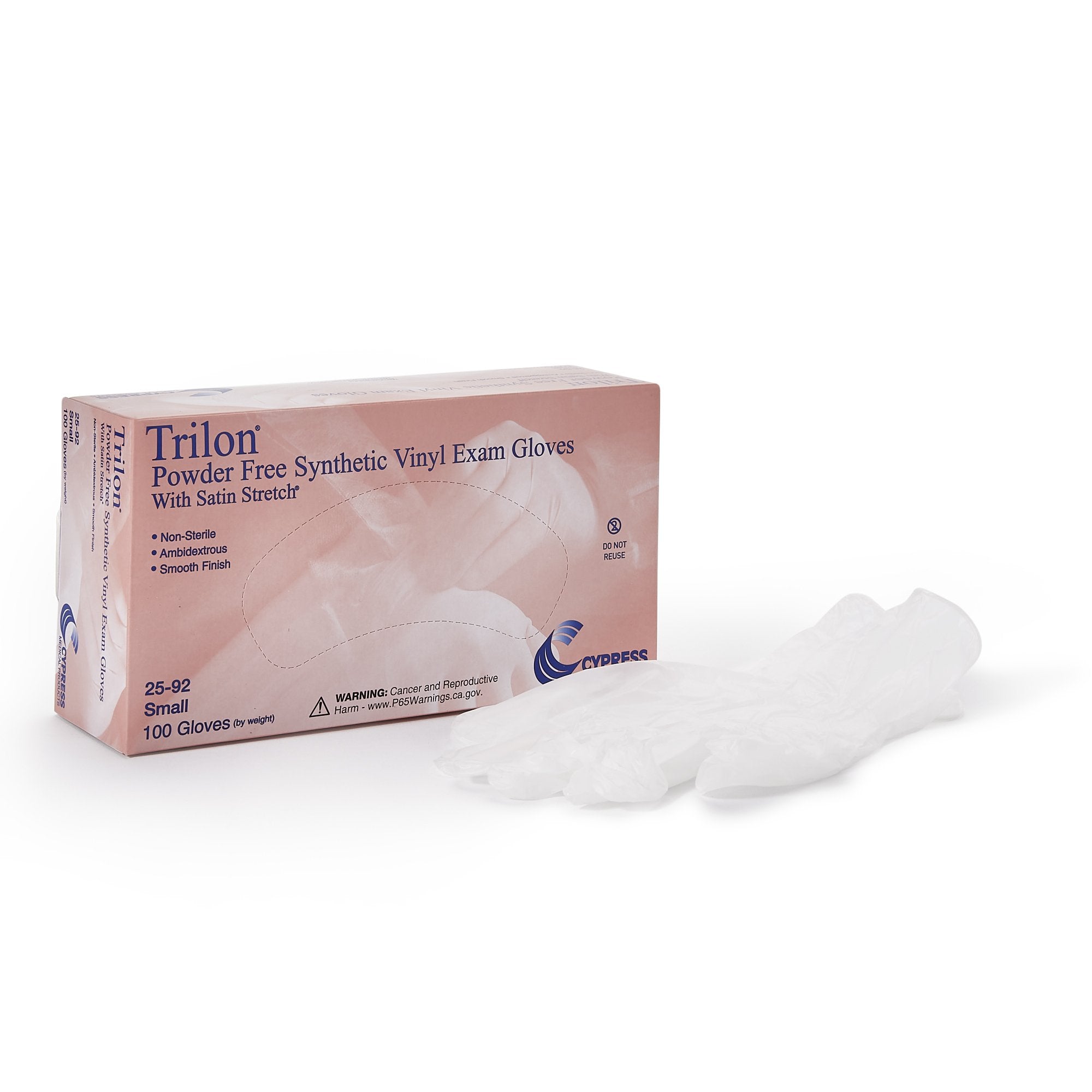 Exam Glove Trilon Small NonSterile Vinyl Standard Cuff Length Smooth Clear Not Rated WITH PROP. 65 WARNING, Packaging Type- Case