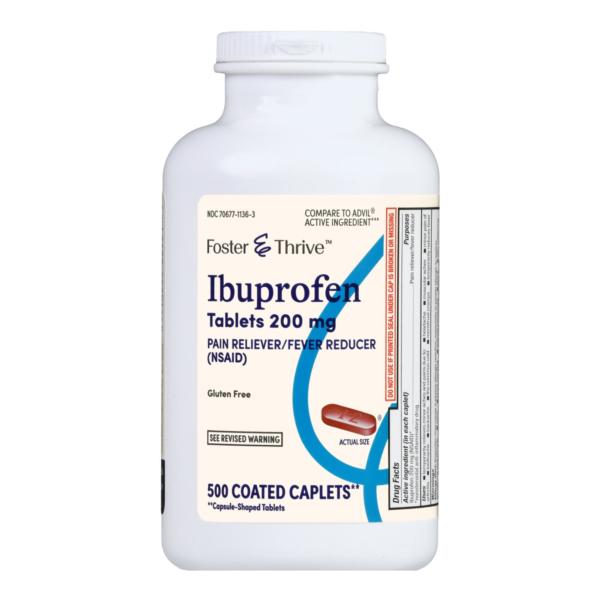 Pain Relief Foster & Thrive 200 mg Strength Ibuprofen Caplet 500 per Bottle, Packaging Type - Bottle