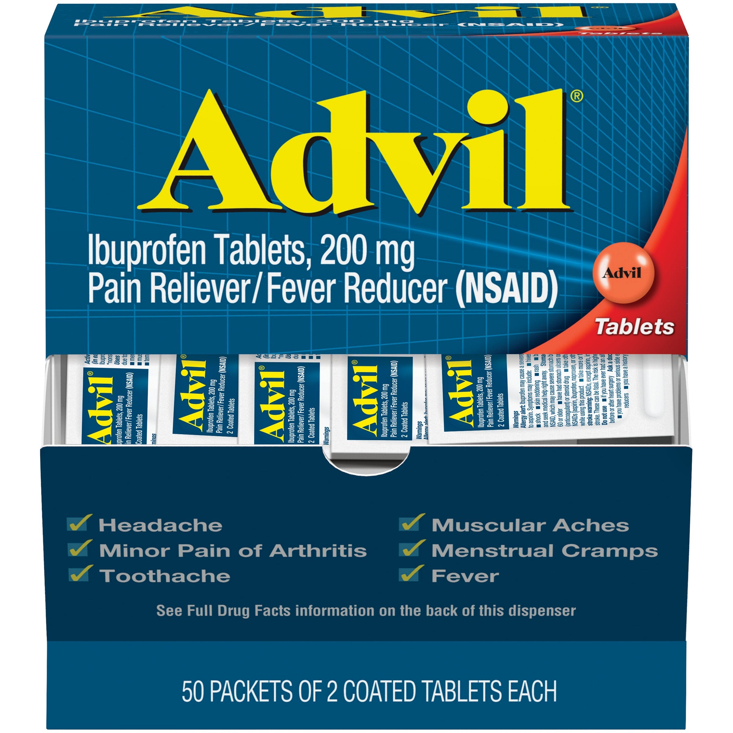 Pain Relief Advil 200 mg Strength Ibuprofen Tablet 50 per Box, Packaging Type- Box