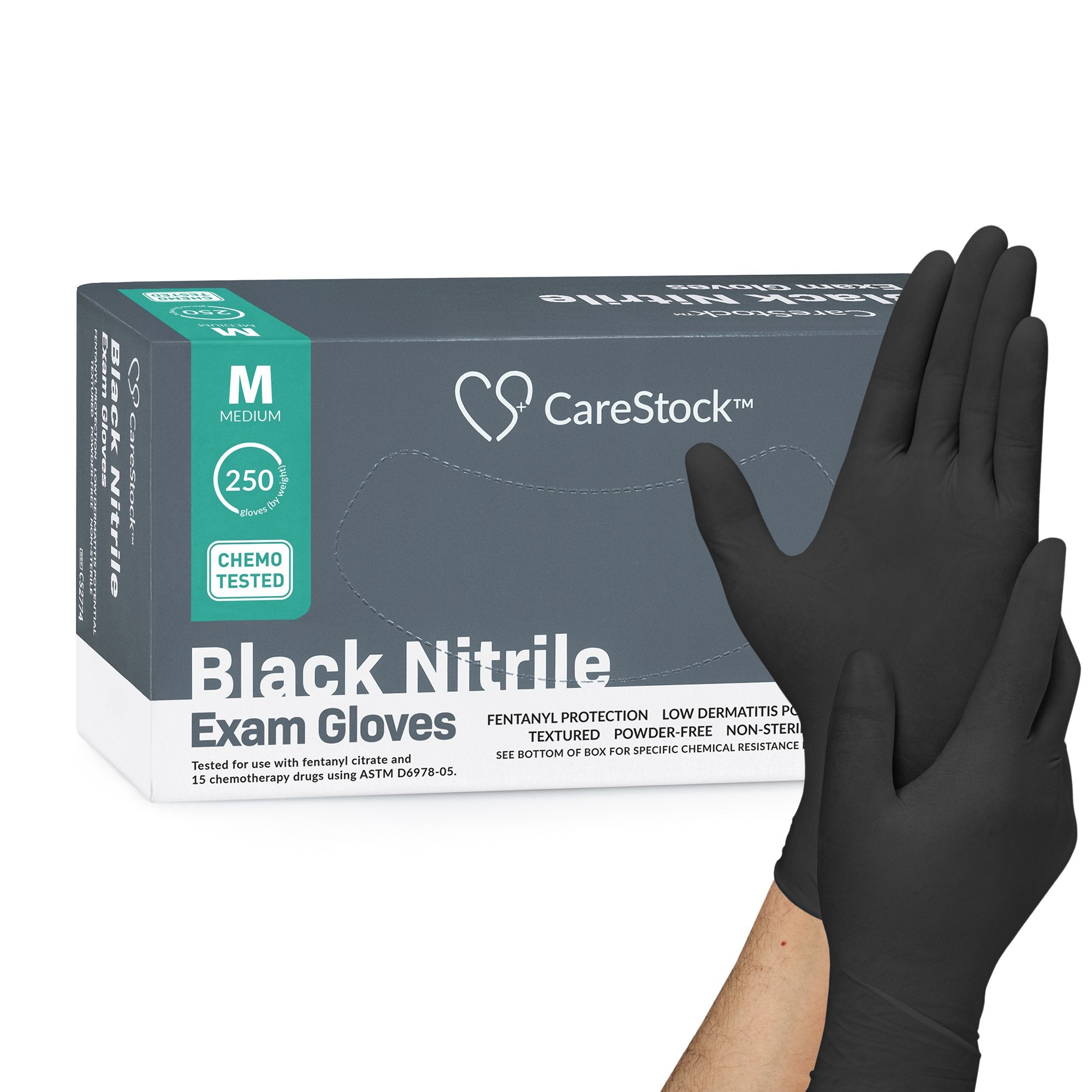 Exam Glove CareStock Medium NonSterile Nitrile Standard Cuff Length Fully Textured Black Not Rated, Packaging Type- Box