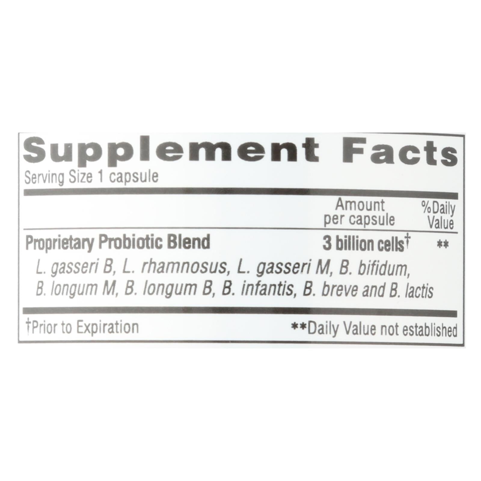 Supplement facts label for a probiotic blend on a white background