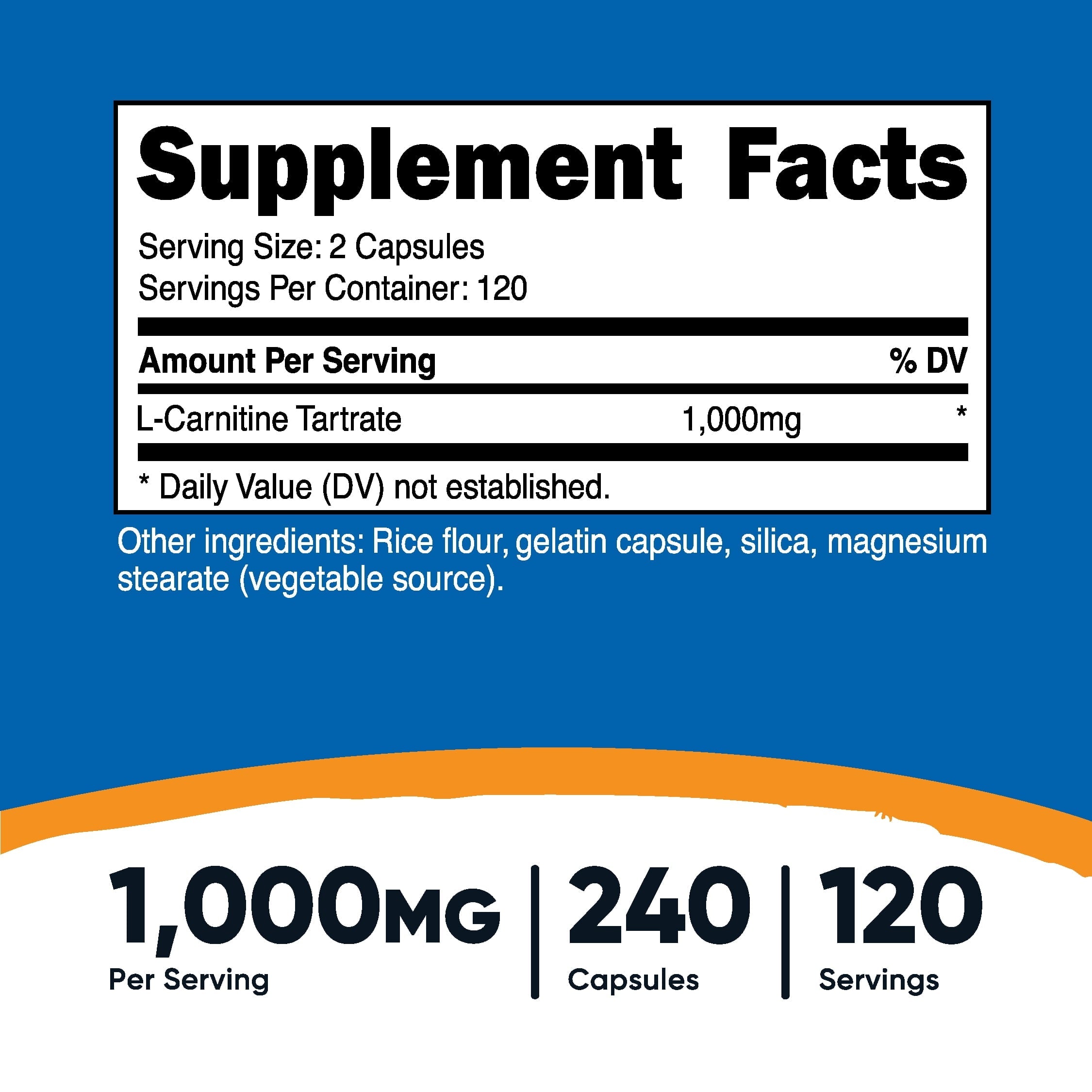 L Carnitine Tartrate Supplement 500Mg, 240 Capsules, 1000Mg per Serving