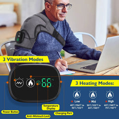 led heat heating vabration shoulder massage wrap brace support 3 levels left right electric battery heated massage support brace