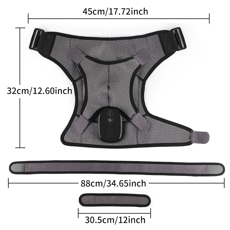 led heat heating vabration shoulder massage wrap brace support 3 levels left right electric battery heated massage support brace