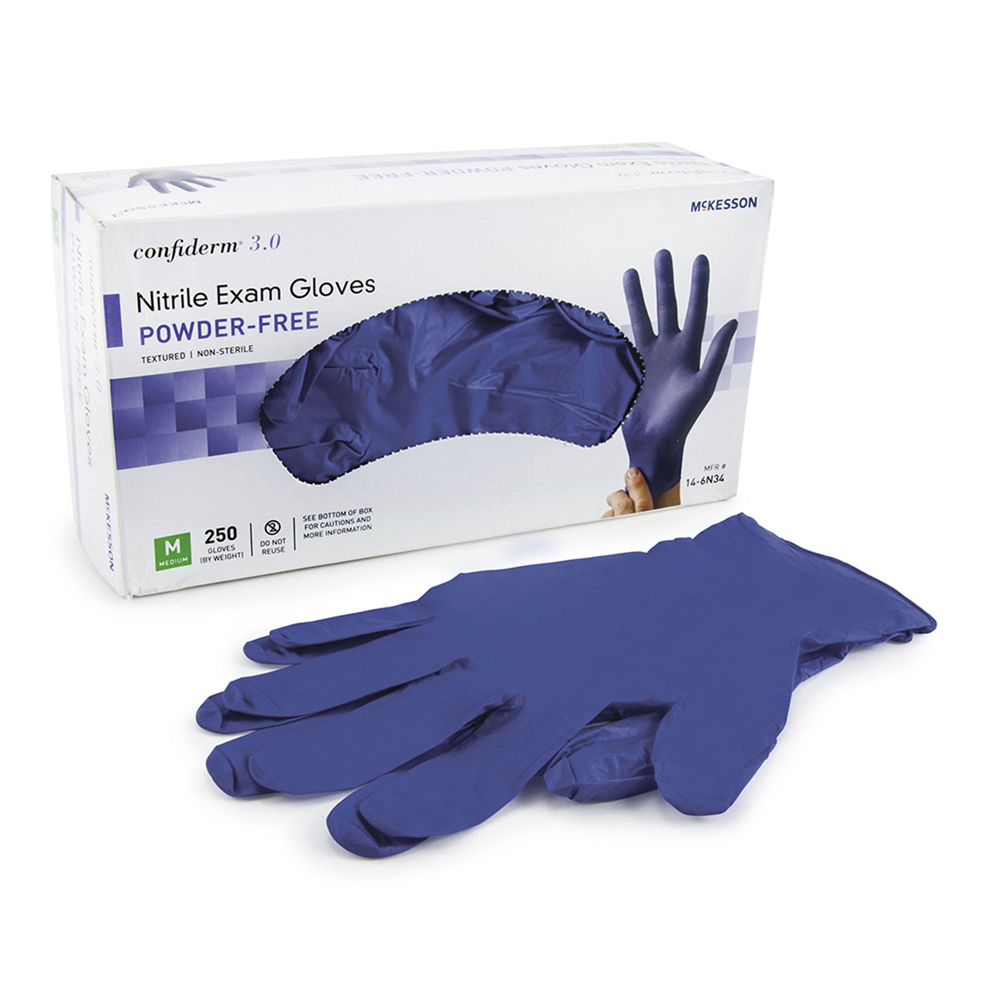 Exam Glove McKesson Confiderm 3.0 Medium NonSterile Nitrile Standard Cuff Length Textured Fingertips Blue Not Rated