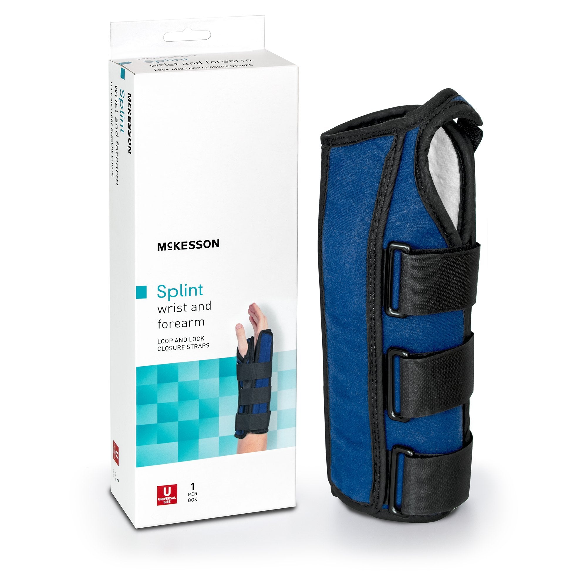 Wrist / Forearm Brace McKesson Aluminum / Nylon / Foam / Flannelette Right Hand Black / Blue One Size Fits Most, Packaging Type- Each