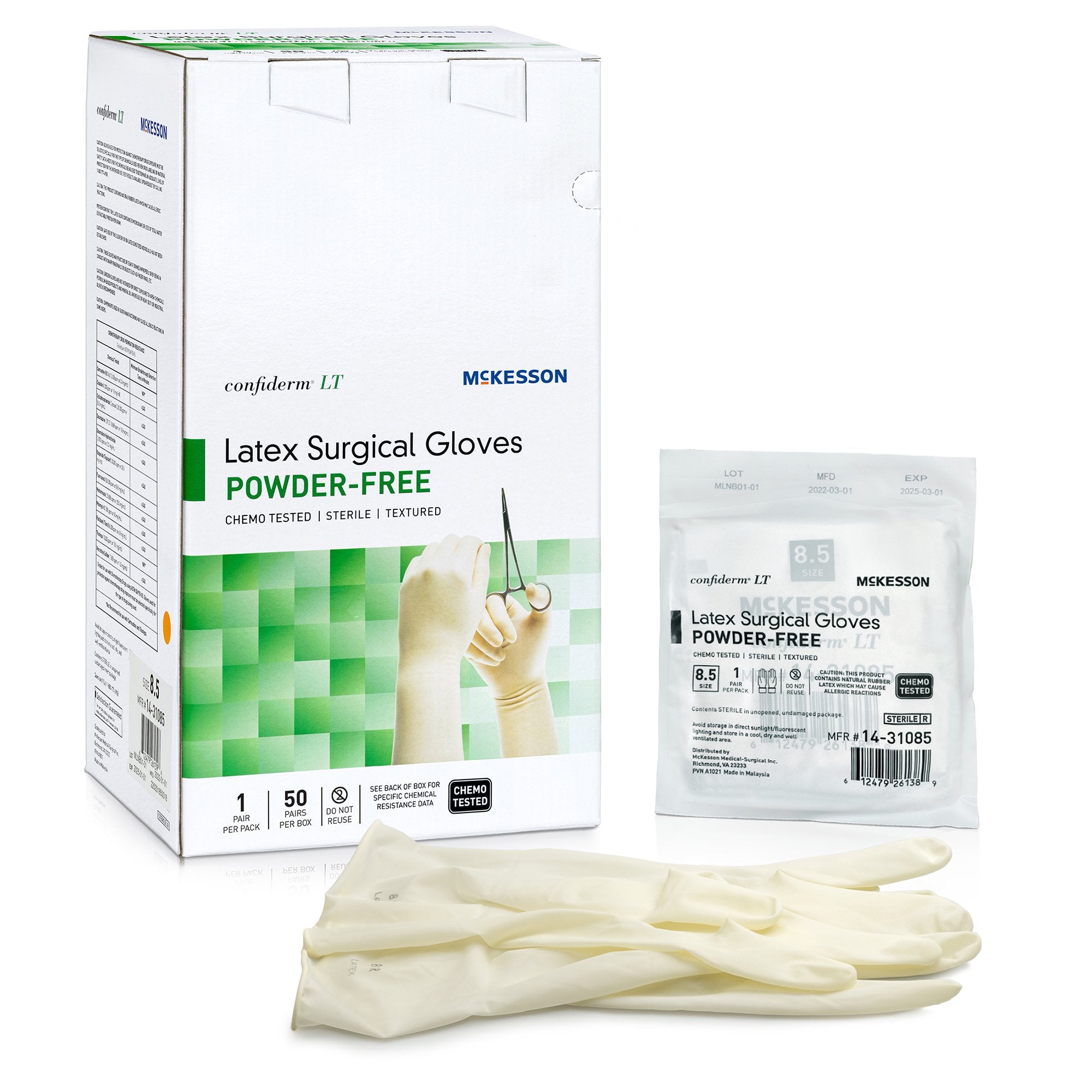 Surgical Glove Confiderm® LT Size 8.5 Sterile Latex Standard Cuff Length Fully Textured Ivory Chemo Tested