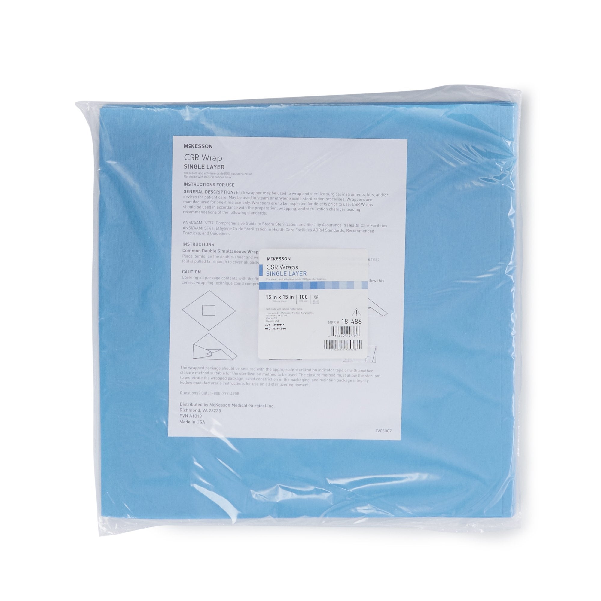 McKesson Sterilization Wrap Blue 15 X 15 Inch Single Layer Cellulose Steam / EO Gas, Packaging Type- Box