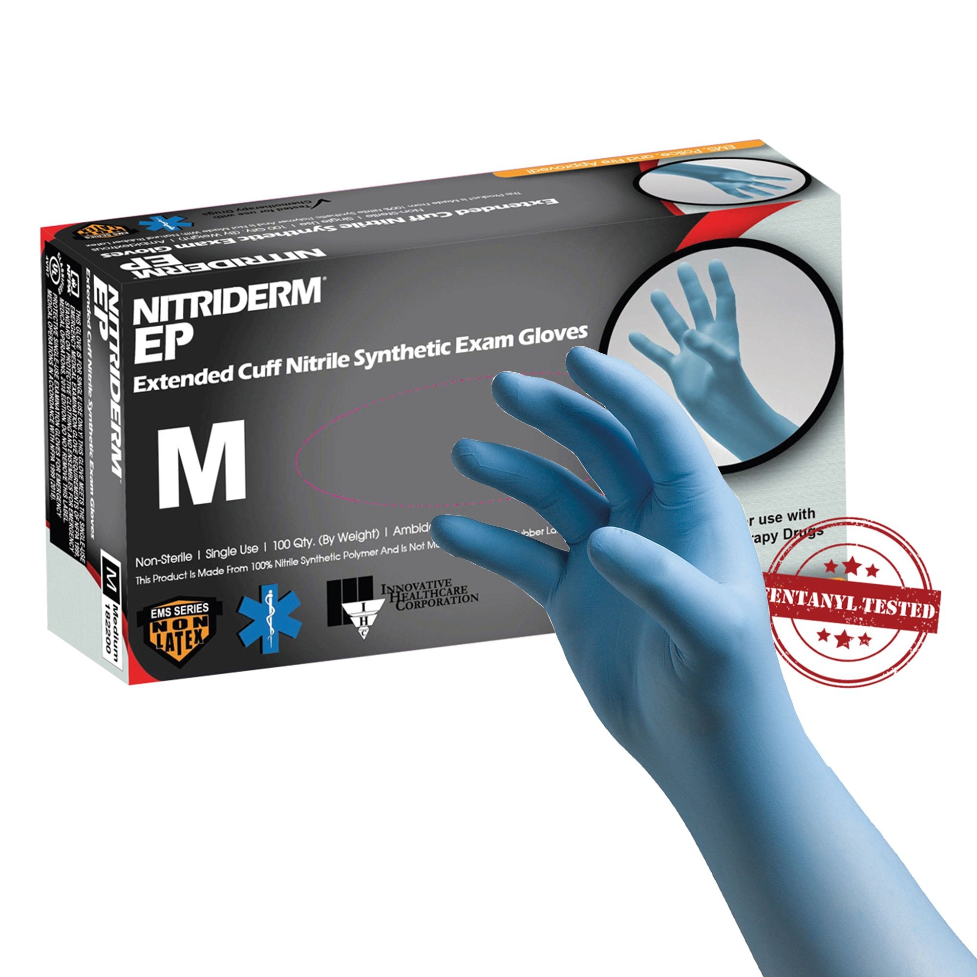 Exam Glove NitriDerm EP Medium NonSterile Nitrile Extended Cuff Length Fully Textured Blue Chemo Tested / Fentanyl Tested, Packaging Type- Box