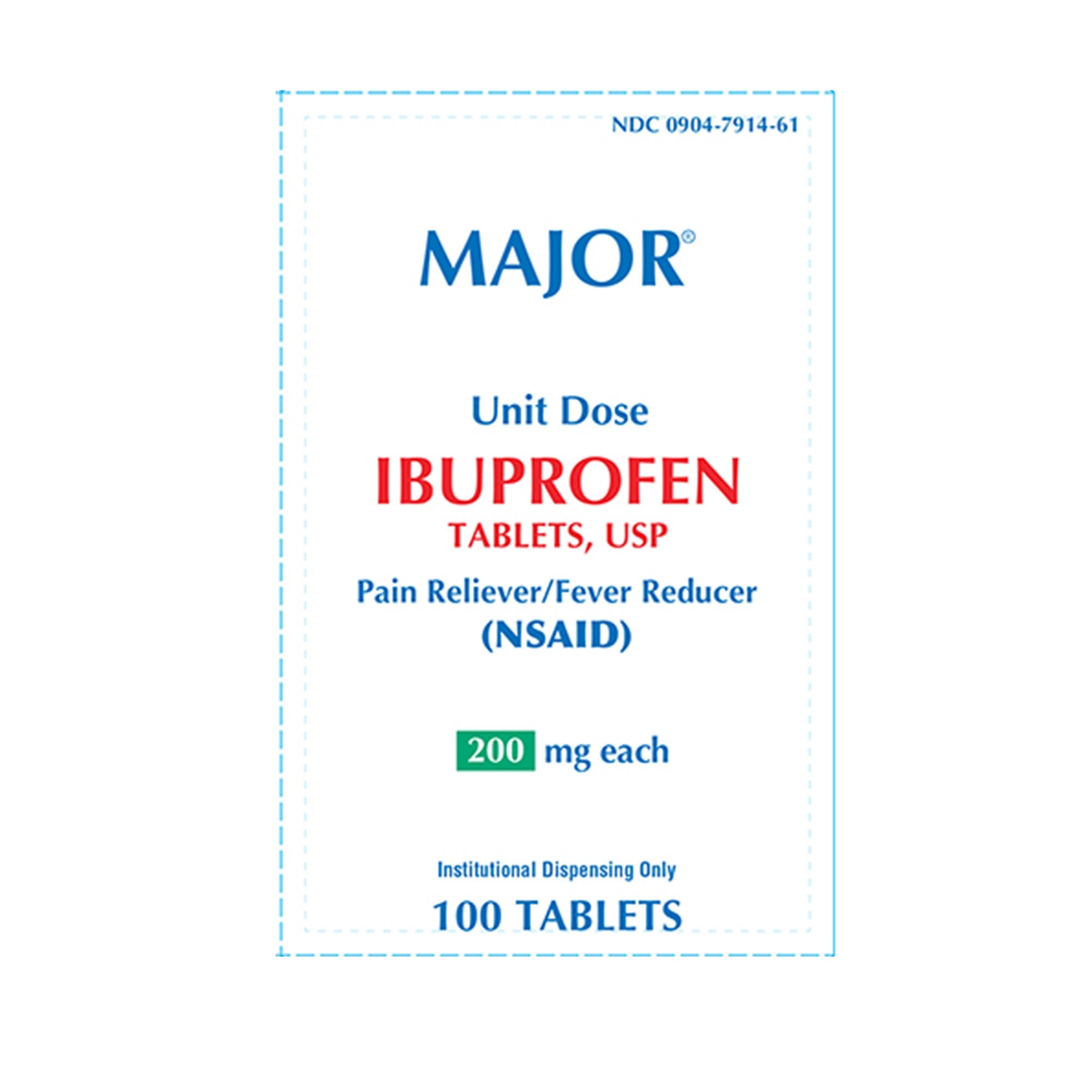 Pain Relief Major 200 mg Strength Ibuprofen Unit Dose Tablet 100 per Box, Packaging Type- Box