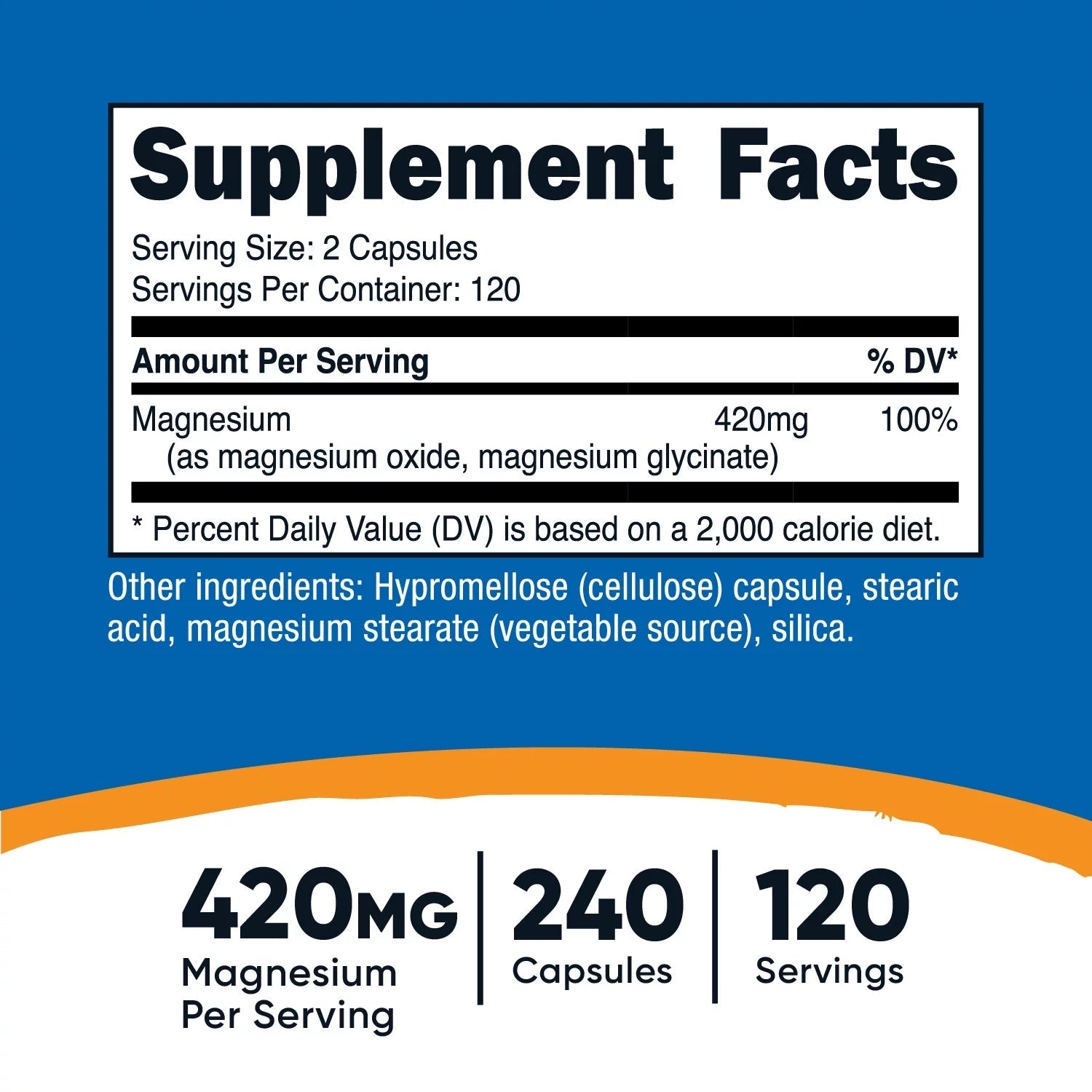 Magnesium+ Extra Strength 420Mg, 240 Capsules   120 Servings. Magnesium Glycinate, Oxide   Non Gmo, Gluten Free, Vegan Friendly