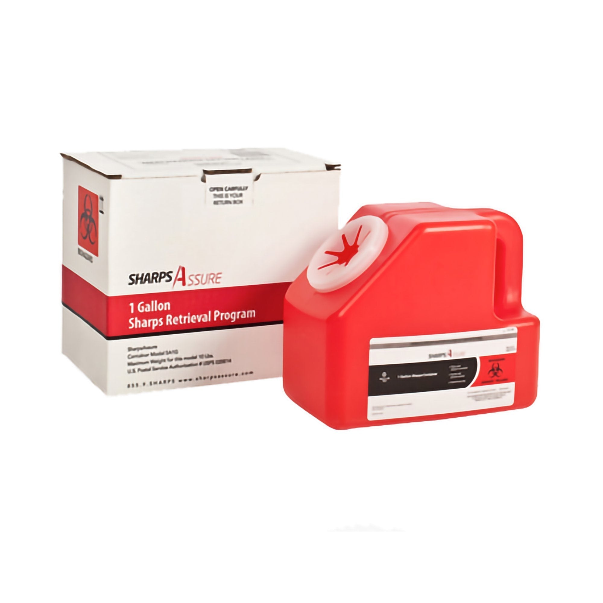 Mailback Sharps Container Sharps Assure Red Base 9 L X 5 1/2 W X 7 3/10 H Inch Vertical Entry 1 Gallon