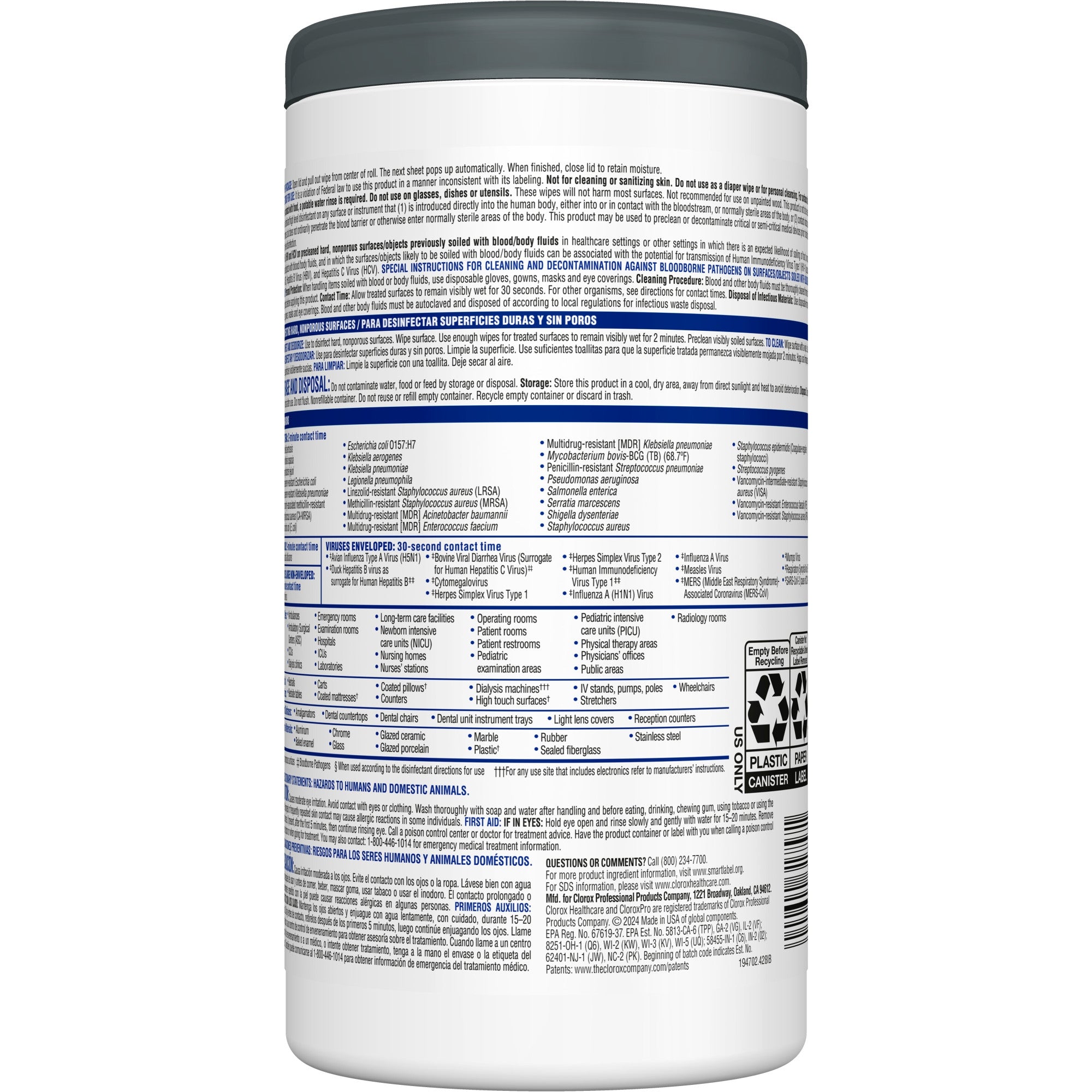 Clorox Healthcare VersaSure Surface Disinfectant Cleaner Premoistened Quaternary Based Manual Pull Wipe 85 Count Canister Scented NonSterile | 6CT/Case