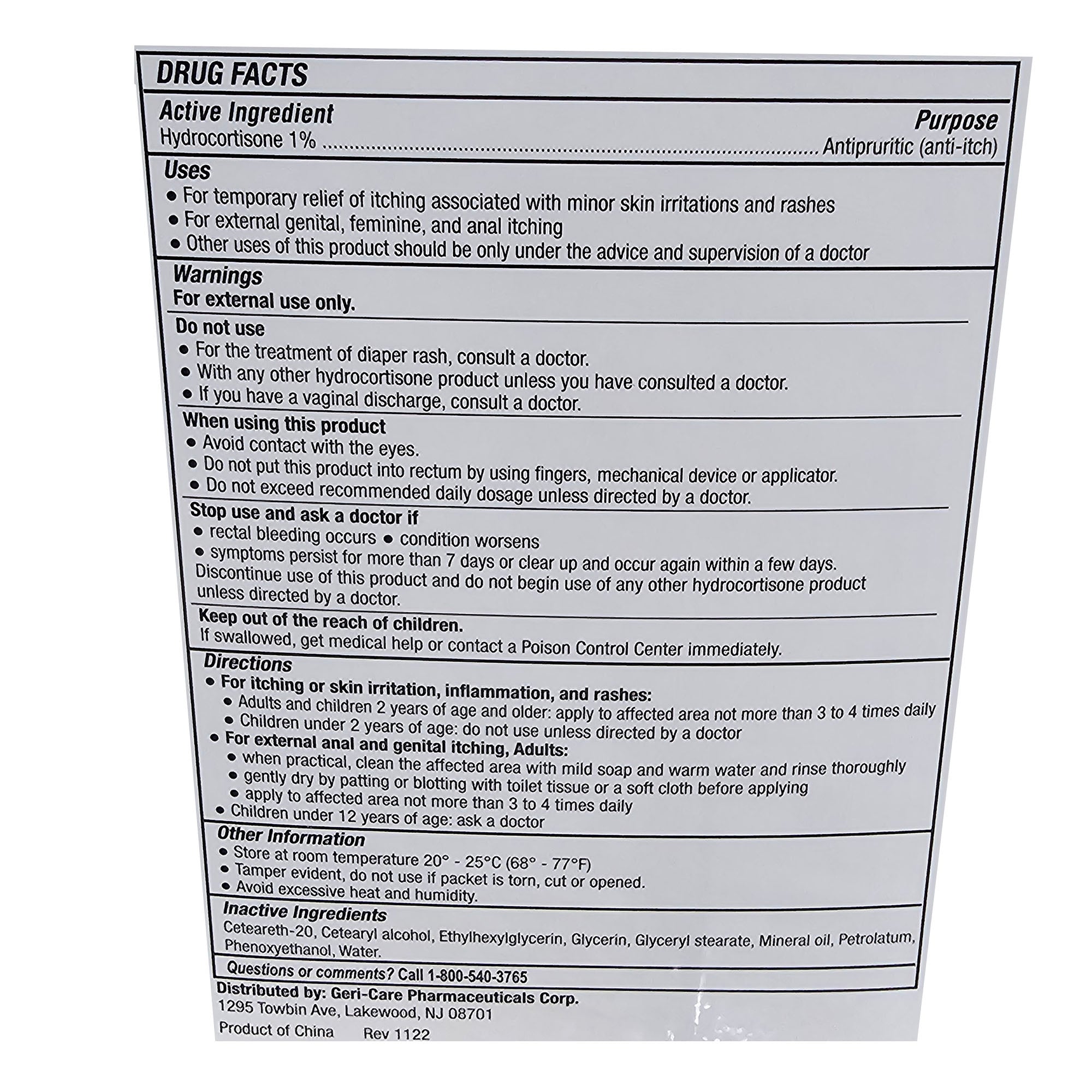 Geri-Care Hydrocortisone 1% Itch Relief Cream – 0.9 g Individual Packets (Box of 144) | NDC 57896014614